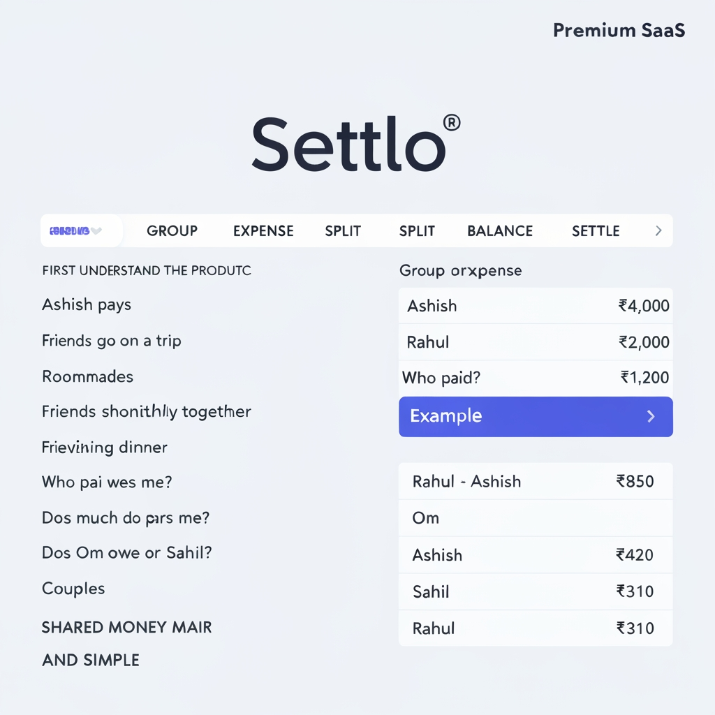 AI Design for Create a premium, minimal, memorable SaaS logo for a web application called Settlo.

FIRST UNDERSTAND THE PRODUCT
Settlo is a group expense splitting and settlement web application.
It is designed for situations where multiple people spend money together, such as:

Friends going on a trip
Roommates sharing monthly expenses
Friends having dinner together
Groups organizing parties or events
Couples managing shared expenses
The main problem Settlo solves is:
When a group spends money together, different people often pay for different things. Settlo keeps track of those payments, fairly splits the expenses between the correct people, calculates who owes whom, and helps everyone settle their remaining balance.

Example
Imagine 4 friends go on a trip:
Ashish pays ₹4,000 for the hotel.
Rahul pays ₹2,000 for dinner.
Om pays ₹1,200 for fuel.
Sahil pays ₹800 for tickets.
Instead of everyone manually calculating:
“Who paid how much?”
“Who owes me?”
“How much do I need to pay Rahul?”
“Does Om owe Ashish or Sahil?”
Settlo handles all of these calculations automatically.
Users simply add an expense, select:
Who paid?
and
Who should share this expense?
Settlo then calculates everyone's fair share and maintains the group's balance.
At the end, Settlo shows the simplest settlement:
Rahul → Ashish ₹850
Om → Ashish ₹420
Sahil → Rahul ₹310
The core product journey is therefore:
GROUP → EXPENSE → SPLIT → BALANCE → SETTLE
The most important concept behind the brand is:

SHARED MONEY MADE FAIR AND SIMPLE.
LOGO OBJECTIVE
Design a logo that represents the concept of:
splitting a shared expense between multiple people and bringing everyone's balance back to zero.
The logo should NOT represent generic finance, banking, accounting, or payments.
It should specifically feel connected to:
GROUP + SPLIT + BALANCE + SETTLE
Someone should be able to look at the symbol and understand that the product has something to do with sharing/splitting expenses between people.
SYMBOL CONCEPT
Create a clever, minimal abstract symbol.
The preferred conceptual direction is:

ONE PAYMENT → SPLIT BETWEEN MULTIPLE PEOPLE
Visually explore the idea of one central value or flow dividing into multiple equal/shared parts.
For example:
A single shape enters the symbol and smoothly divides into 2–3 balanced paths.
OR
Multiple small elements representing group members connect to one shared central expense.
OR
Two or three paths exchange value and eventually align into a balanced state.
OR
Create an abstract S for Settlo where the geometry itself represents splitting and settling.
The symbol can subtly communicate:
One expense
↓
Multiple people
↓
Fair shares
Do this using geometric shapes, negative space, lines, nodes, or directional movement.
Do NOT literally illustrate the complete process.
The logo should contain ONE strong visual idea.
POSSIBLE CREATIVE DIRECTION
A particularly strong direction would be:
Create an abstract S symbol made from multiple connected segments.
At the beginning, the segments are separated or divided, representing different people and expenses.
As they move through the S shape, they visually come together into an organized, balanced form.
This creates a subtle metaphor:
Split → Calculate → Settle
Another possible direction:
Create 3 minimal nodes representing three people arranged around one shared central element.
Use negative space or connecting geometry to show that the central expense is being divided among them.
However, avoid making it look like a generic “team/community” icon.
The financial splitting concept must remain visible.
DESIGN STYLE
The logo should look like it belongs to a polished modern SaaS startup.
Think:
Modern fintech simplicity
Clean SaaS branding
Strong geometric construction
Clever negative space
Simple recognizable silhouette
Minimal visual elements
Flat vector design
The logo should feel:
Premium
Smart
Friendly
Trustworthy
Fair
Collaborative
Modern
Simple
It should NOT feel:
Corporate banking
Accounting software
Crypto
UPI/payment wallet
Cheap finance app
Student project
Generic AI-generated logo
IMPORTANT — AVOID THESE
Do NOT simply combine:
₹ + people
₹ + arrows
receipt + people
wallet + people
calculator + people
These combinations look like generic finance clip-art.
Also avoid:

Rupee symbol as the main logo
Dollar signs
Coins
Credit cards
Wallets
Bank buildings
Calculator
Pie charts
Bar charts
Handshakes
Receipt icons
Generic user/group icons
Checkmarks as the primary concept
Complex illustrations
The logo should communicate expense splitting through visual geometry, not literal financial icons.
BRAND NAME
The brand name is:
Settlo
The name comes from the idea of:
settling shared expenses.
Use a clean premium geometric sans-serif wordmark.
The typography should feel similar in character to:
Geist
Satoshi
Inter
Manrope
Plus Jakarta Sans
Do not use decorative or futuristic fonts.
Use approximately Medium or SemiBold weight.
The wordmark should feel friendly and modern.
LOGO LOCKUP
Primary logo:
[ SYMBOL ] Settlo
Symbol on the LEFT.
Settlo wordmark on the RIGHT.
Keep the overall logo horizontal because it will primarily be used in the navigation bar of a SaaS web application.
Do NOT place a tagline underneath the main logo.
The symbol must also work independently as:

Website favicon
Mobile app icon
Social profile image
Loading indicator
Dashboard icon
It must remain recognizable even at 24×24 px.
COLOR DIRECTION
Use a modern fintech/SaaS palette.
Preferred direction:
Deep Indigo / Navy
+
Fresh Emerald / Teal
The darker color represents:
Trust, stability, money management.
The green/teal represents:
Fairness, successful settlement, positive balance.
Suggested direction:
Deep Navy: #0F172A
Indigo: #4F46E5
Emerald: #10B981
Off White: #F8FAFC
Do not use many colors.
Prefer one primary color and one accent.
Avoid rainbow gradients.
Avoid strong neon colors.
Avoid glossy gradients.
The logo must also work perfectly as:
100% black
and
100% white.
TECHNICAL DESIGN REQUIREMENTS
Flat vector logo.
No 3D.
No mockup effects.
No lighting effects.
No shadows.
No unnecessary gradients.
No background decoration.
No tiny details.
Strong silhouette.
Balanced spacing.
Pixel-perfect geometry.
Scalable.
Suitable for both light and dark UI.
PRESENTATION
Show the final branding as:

Primary horizontal logo:
[Symbol] Settlo
Standalone Settlo symbol
Symbol at small favicon size
Black monochrome version
White version on dark background
Example of the logo inside a minimal SaaS navbar
Keep the presentation clean and professional.
MOST IMPORTANT DESIGN PRINCIPLE
Settlo is NOT primarily a payment app.
Settlo is NOT primarily a receipt scanner.
Settlo is NOT a bank.
Settlo is NOT an accounting platform.

Settlo is a GROUP EXPENSE SPLITTING platform.
The logo's central visual idea should communicate:
One shared expense → divided fairly between multiple people → everyone becomes settled.
The final symbol should be simple enough to remember after seeing it once and distinctive enough that Settlo can build an entire SaaS brand identity around it.