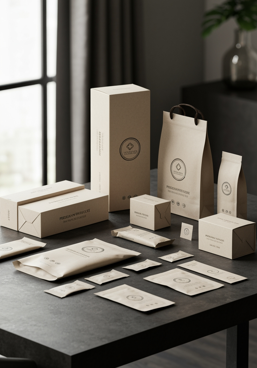 AI Design for Premium packaging mockup concept for Logo. Brand identity applied to realistic boxes, pouches, labels, wraps, or bags as appropriate, polished tabletop scene, tactile materials, no invented readable copy.
