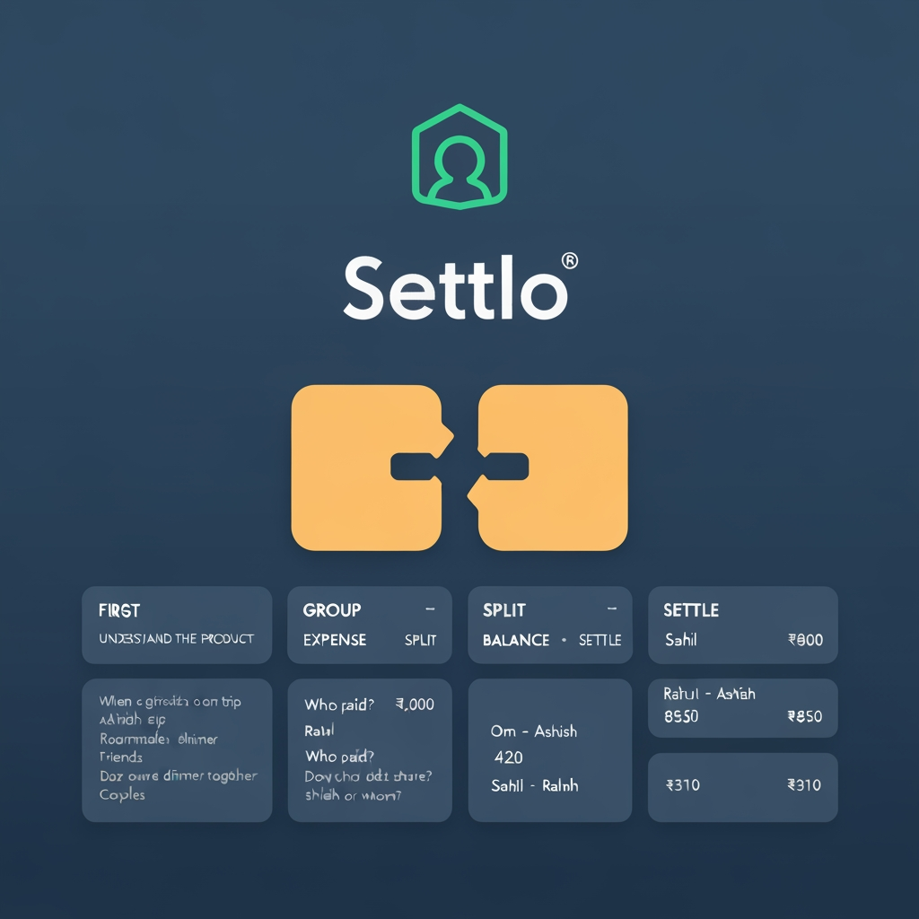 AI Design for Create a premium, minimal, memorable SaaS logo for a web application called Settlo.

FIRST UNDERSTAND THE PRODUCT
Settlo is a group expense splitting and settlement web application.
It is designed for situations where multiple people spend money together, such as:

Friends going on a trip
Roommates sharing monthly expenses
Friends having dinner together
Groups organizing parties or events
Couples managing shared expenses
The main problem Settlo solves is:
When a group spends money together, different people often pay for different things. Settlo keeps track of those payments, fairly splits the expenses between the correct people, calculates who owes whom, and helps everyone settle their remaining balance.

Example
Imagine 4 friends go on a trip:
Ashish pays ₹4,000 for the hotel.
Rahul pays ₹2,000 for dinner.
Om pays ₹1,200 for fuel.
Sahil pays ₹800 for tickets.
Instead of everyone manually calculating:
“Who paid how much?”
“Who owes me?”
“How much do I need to pay Rahul?”
“Does Om owe Ashish or Sahil?”
Settlo handles all of these calculations automatically.
Users simply add an expense, select:
Who paid?
and
Who should share this expense?
Settlo then calculates everyone's fair share and maintains the group's balance.
At the end, Settlo shows the simplest settlement:
Rahul → Ashish ₹850
Om → Ashish ₹420
Sahil → Rahul ₹310
The core product journey is therefore:
GROUP → EXPENSE → SPLIT → BALANCE → SETTLE
The most important concept behind the brand is:

SHARED MONEY MADE FAIR AND SIMPLE.
LOGO OBJECTIVE
Design a logo that represents the concept of:
splitting a shared expense between multiple people and bringing everyone's balance back to zero.
The logo should NOT represent generic finance, banking, accounting, or payments.
It should specifically feel connected to:
GROUP + SPLIT + BALANCE + SETTLE
Someone should be able to look at the symbol and understand that the product has something to do with sharing/splitting expenses between people.
SYMBOL CONCEPT
Create a clever, minimal abstract symbol.
The preferred conceptual direction is:

ONE PAYMENT → SPLIT BETWEEN MULTIPLE PEOPLE
Visually explore the idea of one central value or flow dividing into multiple equal/shared parts.
For example:
A single shape enters the symbol and smoothly divides into 2–3 balanced paths.
OR
Multiple small elements representing group members connect to one shared central expense.
OR
Two or three paths exchange value and eventually align into a balanced state.
OR
Create an abstract S for Settlo where the geometry itself represents splitting and settling.
The symbol can subtly communicate:
One expense
↓
Multiple people
↓
Fair shares
Do this using geometric shapes, negative space, lines, nodes, or directional movement.
Do NOT literally illustrate the complete process.
The logo should contain ONE strong visual idea.
POSSIBLE CREATIVE DIRECTION
A particularly strong direction would be:
Create an abstract S symbol made from multiple connected segments.
At the beginning, the segments are separated or divided, representing different people and expenses.
As they move through the S shape, they visually come together into an organized, balanced form.
This creates a subtle metaphor:
Split → Calculate → Settle
Another possible direction:
Create 3 minimal nodes representing three people arranged around one shared central element.
Use negative space or connecting geometry to show that the central expense is being divided among them.
However, avoid making it look like a generic “team/community” icon.
The financial splitting concept must remain visible.
DESIGN STYLE
The logo should look like it belongs to a polished modern SaaS startup.
Think:
Modern fintech simplicity
Clean SaaS branding
Strong geometric construction
Clever negative space
Simple recognizable silhouette
Minimal visual elements
Flat vector design
The logo should feel:
Premium
Smart
Friendly
Trustworthy
Fair
Collaborative
Modern
Simple
It should NOT feel:
Corporate banking
Accounting software
Crypto
UPI/payment wallet
Cheap finance app
Student project
Generic AI-generated logo
IMPORTANT — AVOID THESE
Do NOT simply combine:
₹ + people
₹ + arrows
receipt + people
wallet + people
calculator + people
These combinations look like generic finance clip-art.
Also avoid:

Rupee symbol as the main logo
Dollar signs
Coins
Credit cards
Wallets
Bank buildings
Calculator
Pie charts
Bar charts
Handshakes
Receipt icons
Generic user/group icons
Checkmarks as the primary concept
Complex illustrations
The logo should communicate expense splitting through visual geometry, not literal financial icons.
BRAND NAME
The brand name is:
Settlo
The name comes from the idea of:
settling shared expenses.
Use a clean premium geometric sans-serif wordmark.
The typography should feel similar in character to:
Geist
Satoshi
Inter
Manrope
Plus Jakarta Sans
Do not use decorative or futuristic fonts.
Use approximately Medium or SemiBold weight.
The wordmark should feel friendly and modern.
LOGO LOCKUP
Primary logo:
[ SYMBOL ] Settlo
Symbol on the LEFT.
Settlo wordmark on the RIGHT.
Keep the overall logo horizontal because it will primarily be used in the navigation bar of a SaaS web application.
Do NOT place a tagline underneath the main logo.
The symbol must also work independently as:

Website favicon
Mobile app icon
Social profile image
Loading indicator
Dashboard icon
It must remain recognizable even at 24×24 px.
COLOR DIRECTION
Use a modern fintech/SaaS palette.
Preferred direction:
Deep Indigo / Navy
+
Fresh Emerald / Teal
The darker color represents:
Trust, stability, money management.
The green/teal represents:
Fairness, successful settlement, positive balance.
Suggested direction:
Deep Navy: #0F172A
Indigo: #4F46E5
Emerald: #10B981
Off White: #F8FAFC
Do not use many colors.
Prefer one primary color and one accent.
Avoid rainbow gradients.
Avoid strong neon colors.
Avoid glossy gradients.
The logo must also work perfectly as:
100% black
and
100% white.
TECHNICAL DESIGN REQUIREMENTS
Flat vector logo.
No 3D.
No mockup effects.
No lighting effects.
No shadows.
No unnecessary gradients.
No background decoration.
No tiny details.
Strong silhouette.
Balanced spacing.
Pixel-perfect geometry.
Scalable.
Suitable for both light and dark UI.
PRESENTATION
Show the final branding as:

Primary horizontal logo:
[Symbol] Settlo
Standalone Settlo symbol
Symbol at small favicon size
Black monochrome version
White version on dark background
Example of the logo inside a minimal SaaS navbar
Keep the presentation clean and professional.
MOST IMPORTANT DESIGN PRINCIPLE
Settlo is NOT primarily a payment app.
Settlo is NOT primarily a receipt scanner.
Settlo is NOT a bank.
Settlo is NOT an accounting platform.

Settlo is a GROUP EXPENSE SPLITTING platform.
The logo's central visual idea should communicate:
One shared expense → divided fairly between multiple people → everyone becomes settled.
The final symbol should be simple enough to remember after seeing it once and distinctive enough that Settlo can build an entire SaaS brand identity around it.