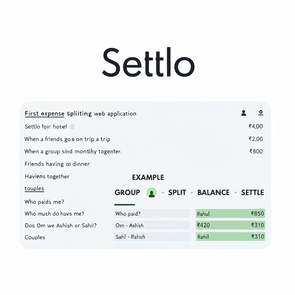 AI Design for Create a premium, minimal, memorable SaaS logo for a web application called Settlo.

FIRST UNDERSTAND THE PRODUCT
Settlo is a group expense splitting and settlement web application.
It is designed for situations where multiple people spend money together, such as:

Friends going on a trip
Roommates sharing monthly expenses
Friends having dinner together
Groups organizing parties or events
Couples managing shared expenses
The main problem Settlo solves is:
When a group spends money together, different people often pay for different things. Settlo keeps track of those payments, fairly splits the expenses between the correct people, calculates who owes whom, and helps everyone settle their remaining balance.

Example
Imagine 4 friends go on a trip:
Ashish pays ₹4,000 for the hotel.
Rahul pays ₹2,000 for dinner.
Om pays ₹1,200 for fuel.
Sahil pays ₹800 for tickets.
Instead of everyone manually calculating:
“Who paid how much?”
“Who owes me?”
“How much do I need to pay Rahul?”
“Does Om owe Ashish or Sahil?”
Settlo handles all of these calculations automatically.
Users simply add an expense, select:
Who paid?
and
Who should share this expense?
Settlo then calculates everyone's fair share and maintains the group's balance.
At the end, Settlo shows the simplest settlement:
Rahul → Ashish ₹850
Om → Ashish ₹420
Sahil → Rahul ₹310
The core product journey is therefore:
GROUP → EXPENSE → SPLIT → BALANCE → SETTLE
The most important concept behind the brand is:

SHARED MONEY MADE FAIR AND SIMPLE.
LOGO OBJECTIVE
Design a logo that represents the concept of:
splitting a shared expense between multiple people and bringing everyone's balance back to zero.
The logo should NOT represent generic finance, banking, accounting, or payments.
It should specifically feel connected to:
GROUP + SPLIT + BALANCE + SETTLE
Someone should be able to look at the symbol and understand that the product has something to do with sharing/splitting expenses between people.
SYMBOL CONCEPT
Create a clever, minimal abstract symbol.
The preferred conceptual direction is:

ONE PAYMENT → SPLIT BETWEEN MULTIPLE PEOPLE
Visually explore the idea of one central value or flow dividing into multiple equal/shared parts.
For example:
A single shape enters the symbol and smoothly divides into 2–3 balanced paths.
OR
Multiple small elements representing group members connect to one shared central expense.
OR
Two or three paths exchange value and eventually align into a balanced state.
OR
Create an abstract S for Settlo where the geometry itself represents splitting and settling.
The symbol can subtly communicate:
One expense
↓
Multiple people
↓
Fair shares
Do this using geometric shapes, negative space, lines, nodes, or directional movement.
Do NOT literally illustrate the complete process.
The logo should contain ONE strong visual idea.
POSSIBLE CREATIVE DIRECTION
A particularly strong direction would be:
Create an abstract S symbol made from multiple connected segments.
At the beginning, the segments are separated or divided, representing different people and expenses.
As they move through the S shape, they visually come together into an organized, balanced form.
This creates a subtle metaphor:
Split → Calculate → Settle
Another possible direction:
Create 3 minimal nodes representing three people arranged around one shared central element.
Use negative space or connecting geometry to show that the central expense is being divided among them.
However, avoid making it look like a generic “team/community” icon.
The financial splitting concept must remain visible.
DESIGN STYLE
The logo should look like it belongs to a polished modern SaaS startup.
Think:
Modern fintech simplicity
Clean SaaS branding
Strong geometric construction
Clever negative space
Simple recognizable silhouette
Minimal visual elements
Flat vector design
The logo should feel:
Premium
Smart
Friendly
Trustworthy
Fair
Collaborative
Modern
Simple
It should NOT feel:
Corporate banking
Accounting software
Crypto
UPI/payment wallet
Cheap finance app
Student project
Generic AI-generated logo
IMPORTANT — AVOID THESE
Do NOT simply combine:
₹ + people
₹ + arrows
receipt + people
wallet + people
calculator + people
These combinations look like generic finance clip-art.
Also avoid:

Rupee symbol as the main logo
Dollar signs
Coins
Credit cards
Wallets
Bank buildings
Calculator
Pie charts
Bar charts
Handshakes
Receipt icons
Generic user/group icons
Checkmarks as the primary concept
Complex illustrations
The logo should communicate expense splitting through visual geometry, not literal financial icons.
BRAND NAME
The brand name is:
Settlo
The name comes from the idea of:
settling shared expenses.
Use a clean premium geometric sans-serif wordmark.
The typography should feel similar in character to:
Geist
Satoshi
Inter
Manrope
Plus Jakarta Sans
Do not use decorative or futuristic fonts.
Use approximately Medium or SemiBold weight.
The wordmark should feel friendly and modern.
LOGO LOCKUP
Primary logo:
[ SYMBOL ] Settlo
Symbol on the LEFT.
Settlo wordmark on the RIGHT.
Keep the overall logo horizontal because it will primarily be used in the navigation bar of a SaaS web application.
Do NOT place a tagline underneath the main logo.
The symbol must also work independently as:

Website favicon
Mobile app icon
Social profile image
Loading indicator
Dashboard icon
It must remain recognizable even at 24×24 px.
COLOR DIRECTION
Use a modern fintech/SaaS palette.
Preferred direction:
Deep Indigo / Navy
+
Fresh Emerald / Teal
The darker color represents:
Trust, stability, money management.
The green/teal represents:
Fairness, successful settlement, positive balance.
Suggested direction:
Deep Navy: #0F172A
Indigo: #4F46E5
Emerald: #10B981
Off White: #F8FAFC
Do not use many colors.
Prefer one primary color and one accent.
Avoid rainbow gradients.
Avoid strong neon colors.
Avoid glossy gradients.
The logo must also work perfectly as:
100% black
and
100% white.
TECHNICAL DESIGN REQUIREMENTS
Flat vector logo.
No 3D.
No mockup effects.
No lighting effects.
No shadows.
No unnecessary gradients.
No background decoration.
No tiny details.
Strong silhouette.
Balanced spacing.
Pixel-perfect geometry.
Scalable.
Suitable for both light and dark UI.
PRESENTATION
Show the final branding as:

Primary horizontal logo:
[Symbol] Settlo
Standalone Settlo symbol
Symbol at small favicon size
Black monochrome version
White version on dark background
Example of the logo inside a minimal SaaS navbar
Keep the presentation clean and professional.
MOST IMPORTANT DESIGN PRINCIPLE
Settlo is NOT primarily a payment app.
Settlo is NOT primarily a receipt scanner.
Settlo is NOT a bank.
Settlo is NOT an accounting platform.

Settlo is a GROUP EXPENSE SPLITTING platform.
The logo's central visual idea should communicate:
One shared expense → divided fairly between multiple people → everyone becomes settled.
The final symbol should be simple enough to remember after seeing it once and distinctive enough that Settlo can build an entire SaaS brand identity around it.
