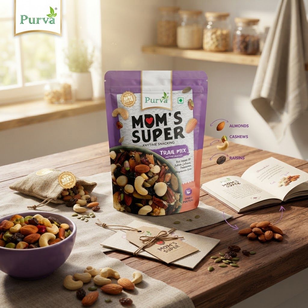 AI Design for Cohesive label system mockup concept for Create a vibrant lifestyle product shot featuring the trail mix pouch in a natural, sunlit kitchen setting to emphasize the wholesome, energy-boosting ingredients for busy families.. Product labels, stickers, seals, hang tags, or small packaging details arranged as a refined identity system, realistic print materials, no invented readable copy.

Feature the product (Mom's Super Trail Mix) from the attached product reference image as the central subject — preserve its shape, color, logos, and details with full fidelity. The image features a stand-up purple and white product pouch for 'Mom's Super' trail mix, surrounded by loose nuts, seeds, and a bowl of the mix on a wooden surface against a light purple background. The design includes text highlights for nutritional benefits and ingredient callouts with arrows pointing to specific components.