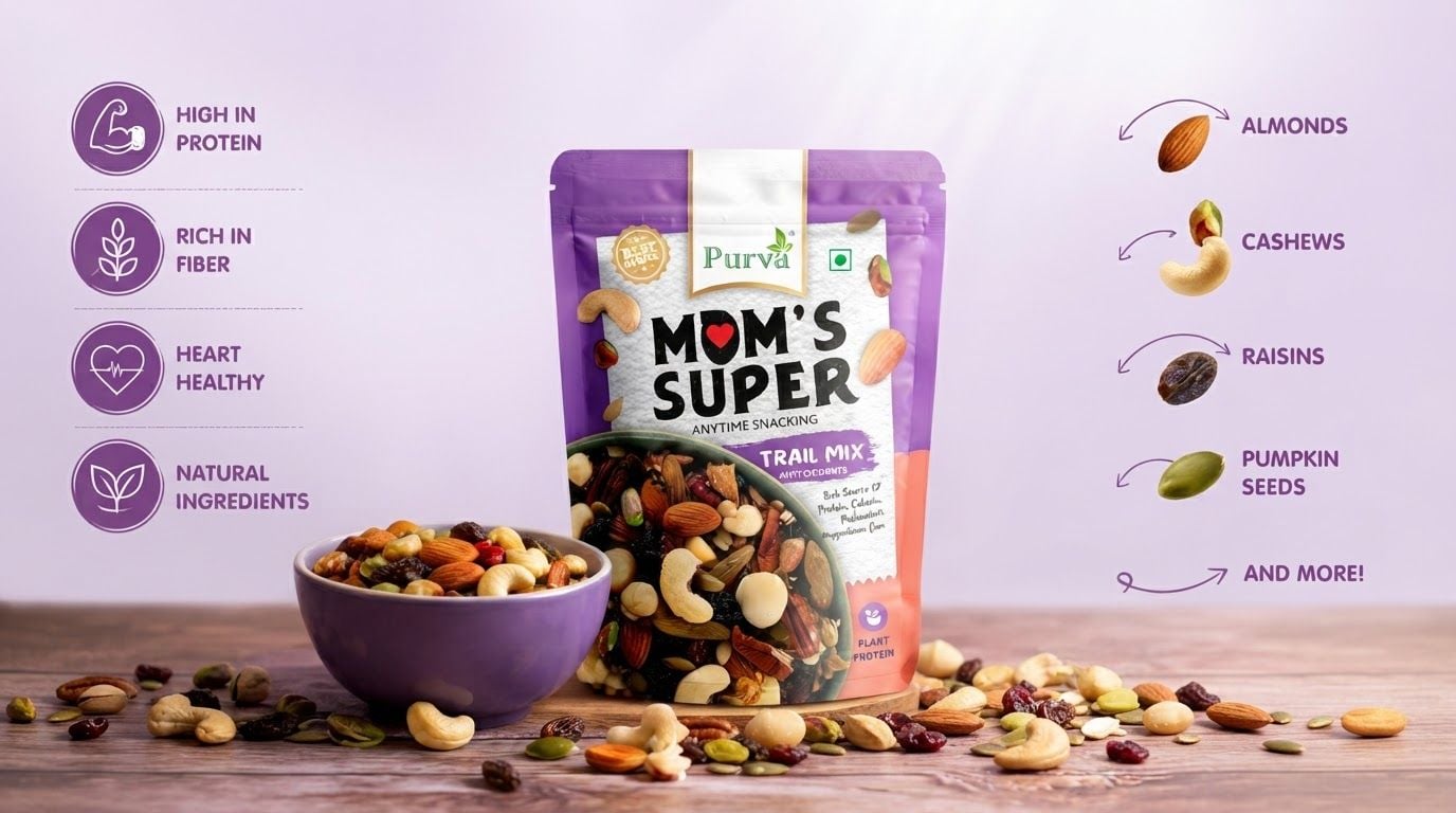 AI Design for Wide campaign hero photograph for Mom's Super Trail Mix. The image features a stand-up purple and white product pouch for 'Mom's Super' trail mix, surrounded by loose nuts, seeds, and a bowl of the mix on a wooden surface against a light purple background. The design includes text highlights for nutritional benefits and ingredient callouts with arrows pointing to specific components. Premium advertising composition with the product as focal point, cinematic lighting, clean negative space on one side for copy to be added later, no rendered words or logos beyond the reference product.