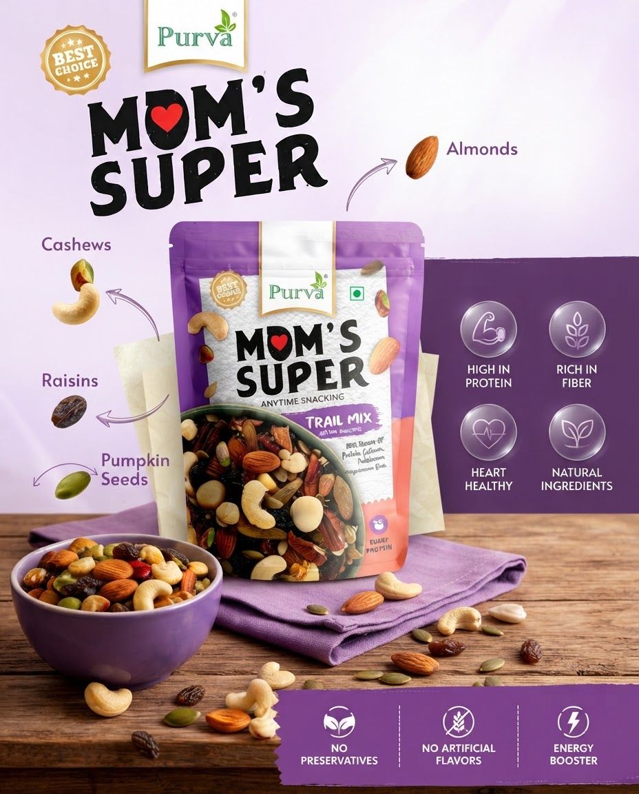 AI Design for Packaging and unboxing scene for Mom's Super Trail Mix. The image features a stand-up purple and white product pouch for 'Mom's Super' trail mix, surrounded by loose nuts, seeds, and a bowl of the mix on a wooden surface against a light purple background. The design includes text highlights for nutritional benefits and ingredient callouts with arrows pointing to specific components. Product and packaging arranged in a polished tabletop composition, realistic folds, inserts, tissue, or box details where appropriate, premium ecommerce styling, no invented readable copy.