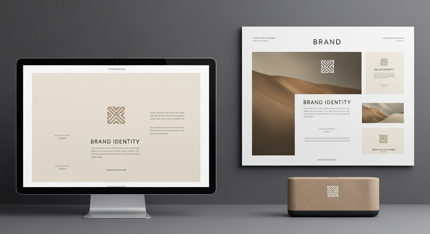 AI Design for Client presentation mockup concept for Brand identity directions for a client. Polished scene showing the design direction applied to a realistic surface, screen, poster, or object, premium agency presentation style, no readable placeholder text.