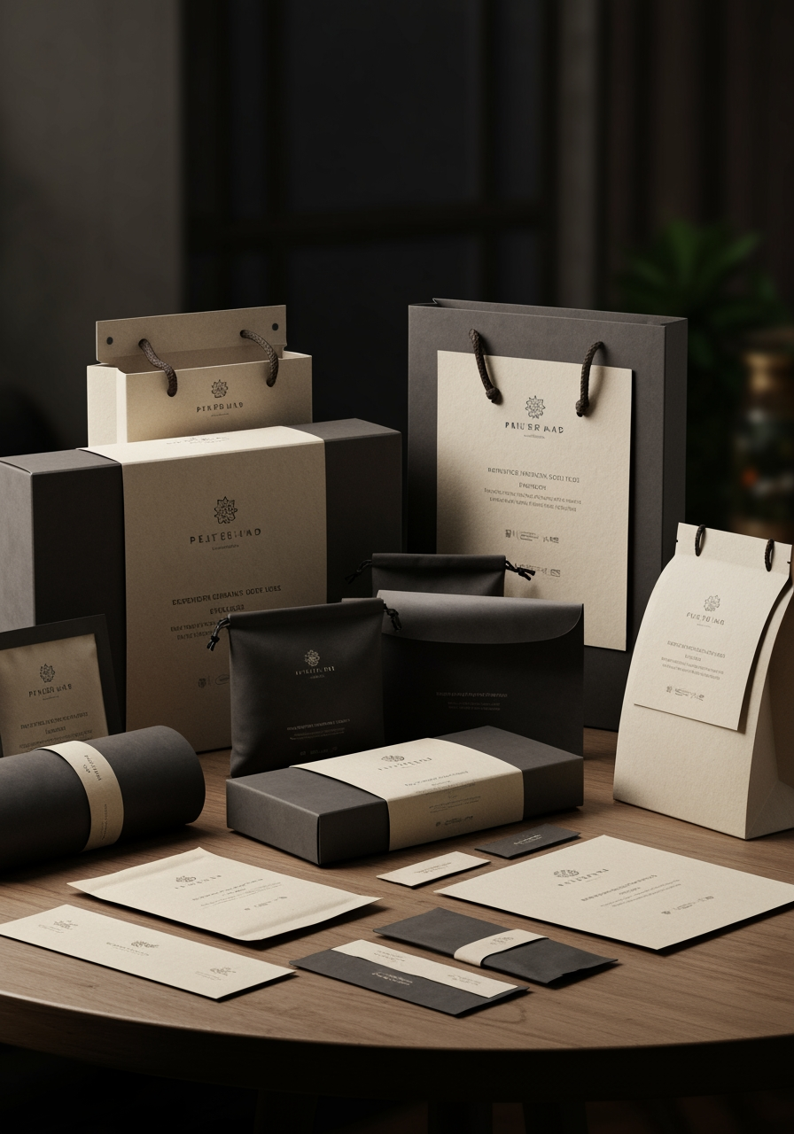AI Design for Premium packaging mockup concept for Brand identity for my personal brand. Brand identity applied to realistic boxes, pouches, labels, wraps, or bags as appropriate, polished tabletop scene, tactile materials, no invented readable copy.