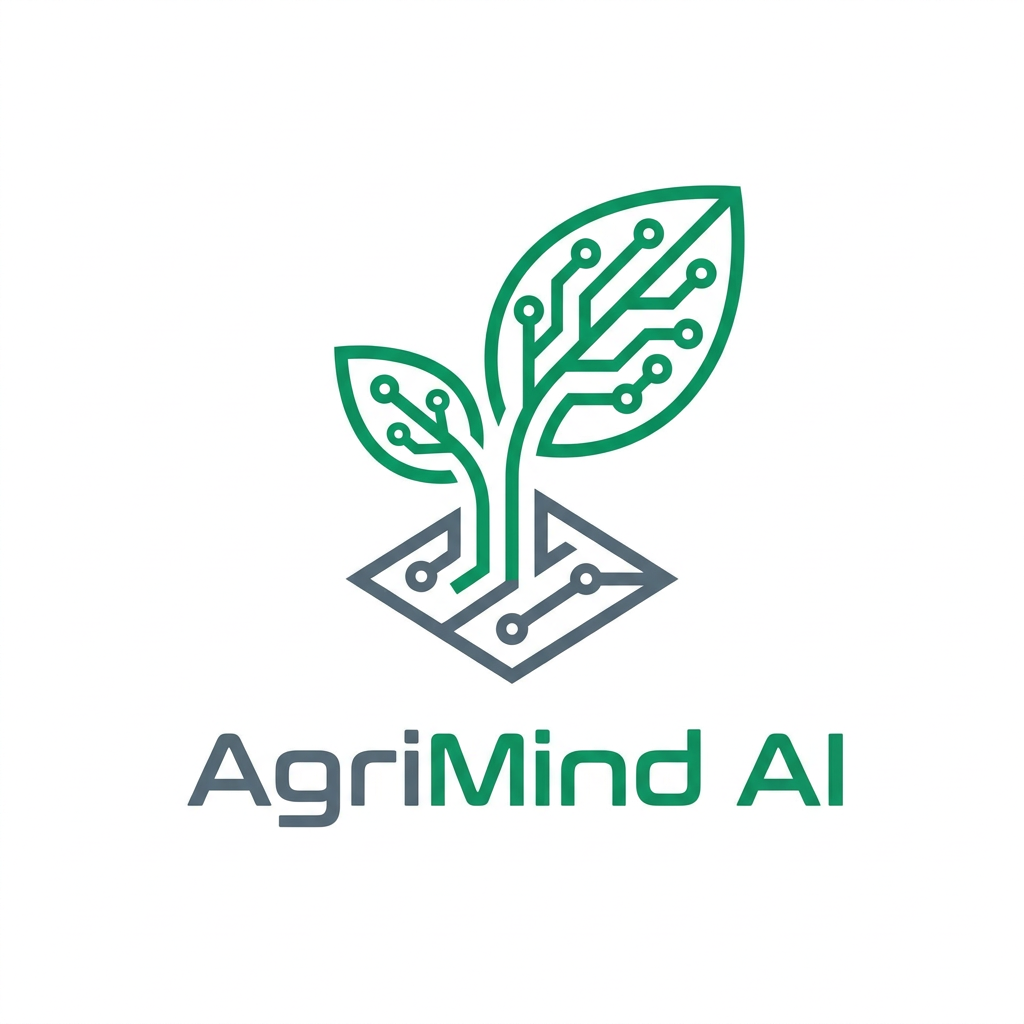AI Design for A minimalist and modern logo design for AgriMind AI featuring a stylized fusion of a sprouting plant leaf and a digital circuit board pattern. The color palette uses professional shades of emerald green and slate grey on a clean white background, utilizing bold lines and geometric precision for a high-tech agricultural tech brand identity.