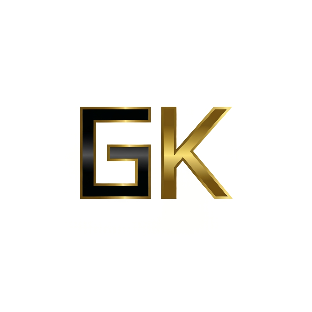 AI Design for Minimalist logo design, lettermark "GK" for a construction and tech brand, geometric sans-serif construction, clean lines, bold architectural structure, modern aesthetic, professional, vector style, flat white background, black and metallic gold color palette, high contrast, symmetrical, balanced.