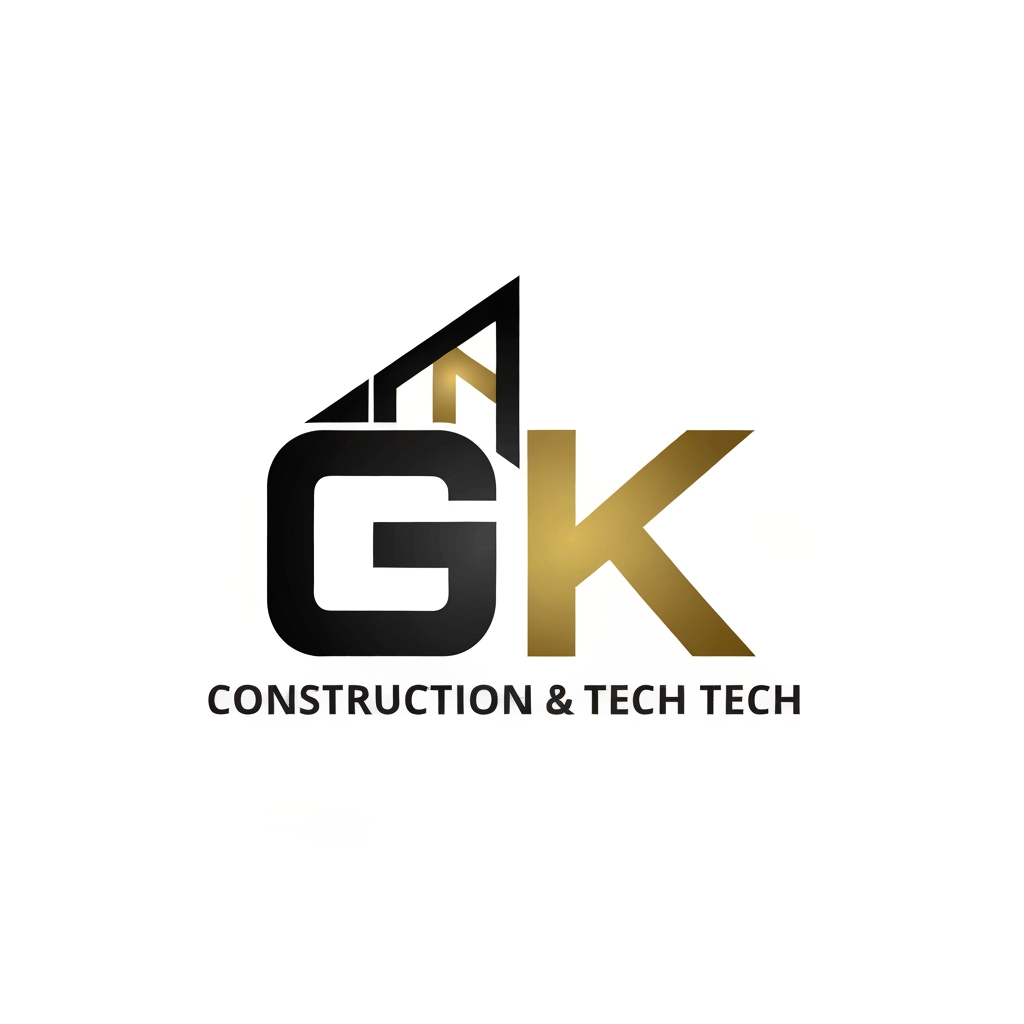 AI Design for Minimalist logo design, lettermark "GK" for a construction and tech brand, geometric sans-serif construction, clean lines, bold architectural structure, modern aesthetic, professional, vector style, flat white background, black and metallic gold color palette, high contrast, symmetrical, balanced.