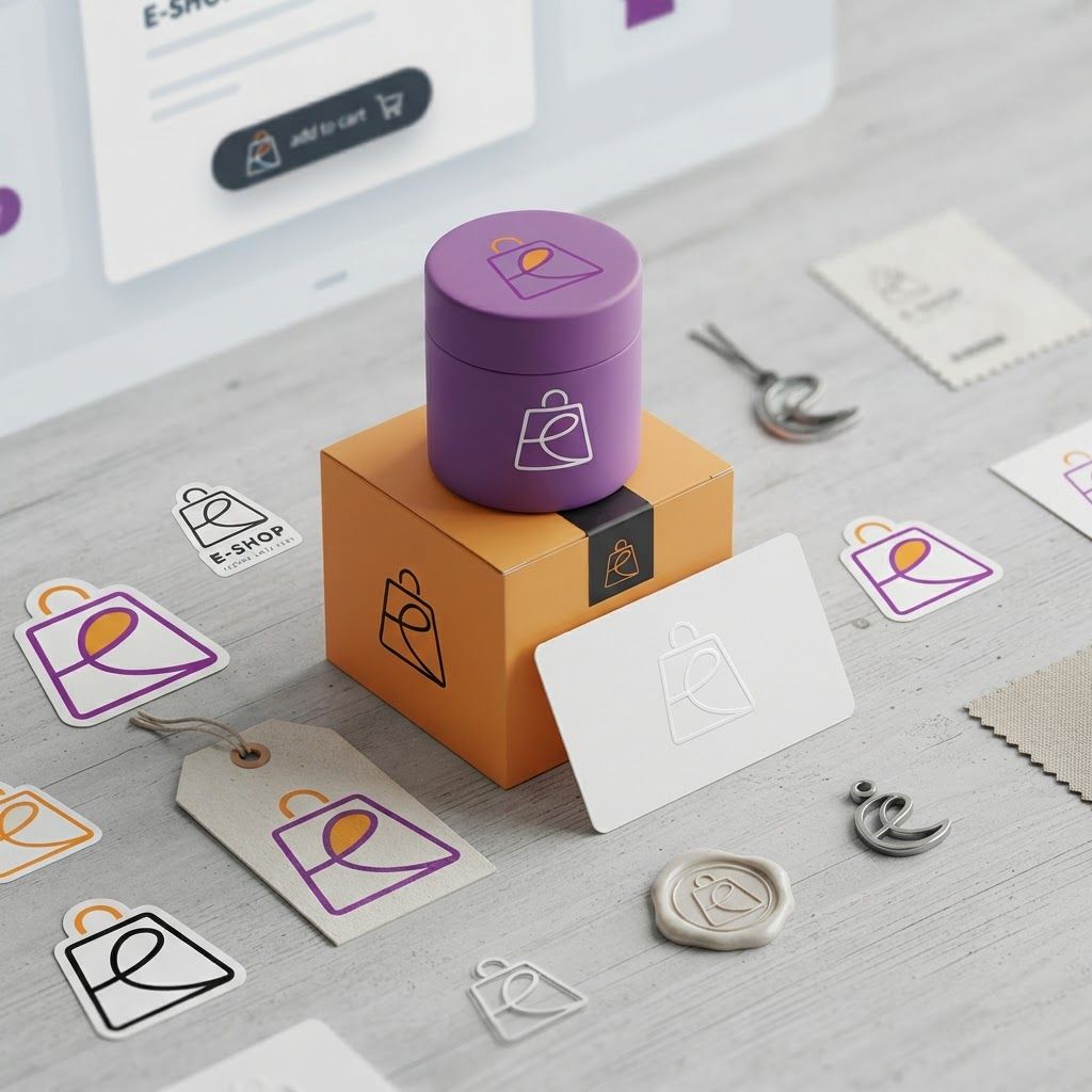 AI Design for Cohesive label system mockup concept for Create a clean, modern lifestyle visual featuring the E-SHOP logo integrated into a high-end digital shopping interface. Highlight the seamless, user-friendly experience of the brand through minimalist aesthetics and professional product placement.. Product labels, stickers, seals, hang tags, or small packaging details arranged as a refined identity system, realistic print materials, no invented readable copy.
Feature the product (E-SHOP) from the attached product reference image as the central subject — preserve its shape, color, logos, and details with full fidelity. The image displays a minimalist logo design for an e-commerce brand, featuring a line-art shopping bag icon with a stylized letter 'e' inside. The color palette uses deep purple, vibrant orange, and black, set against white, orange, and purple backgrounds.