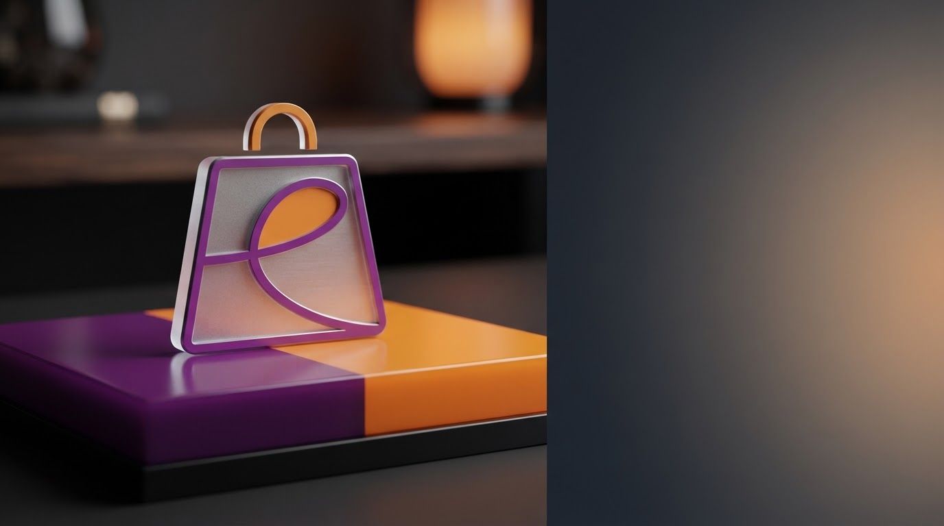 AI Design for Wide campaign hero photograph for E-SHOP. The image displays a minimalist logo design for an e-commerce brand, featuring a line-art shopping bag icon with a stylized letter 'e' inside. The color palette uses deep purple, vibrant orange, and black, set against white, orange, and purple backgrounds. Premium advertising composition with the product as focal point, cinematic lighting, clean negative space on one side for copy to be added later, no rendered words or logos beyond the reference product.