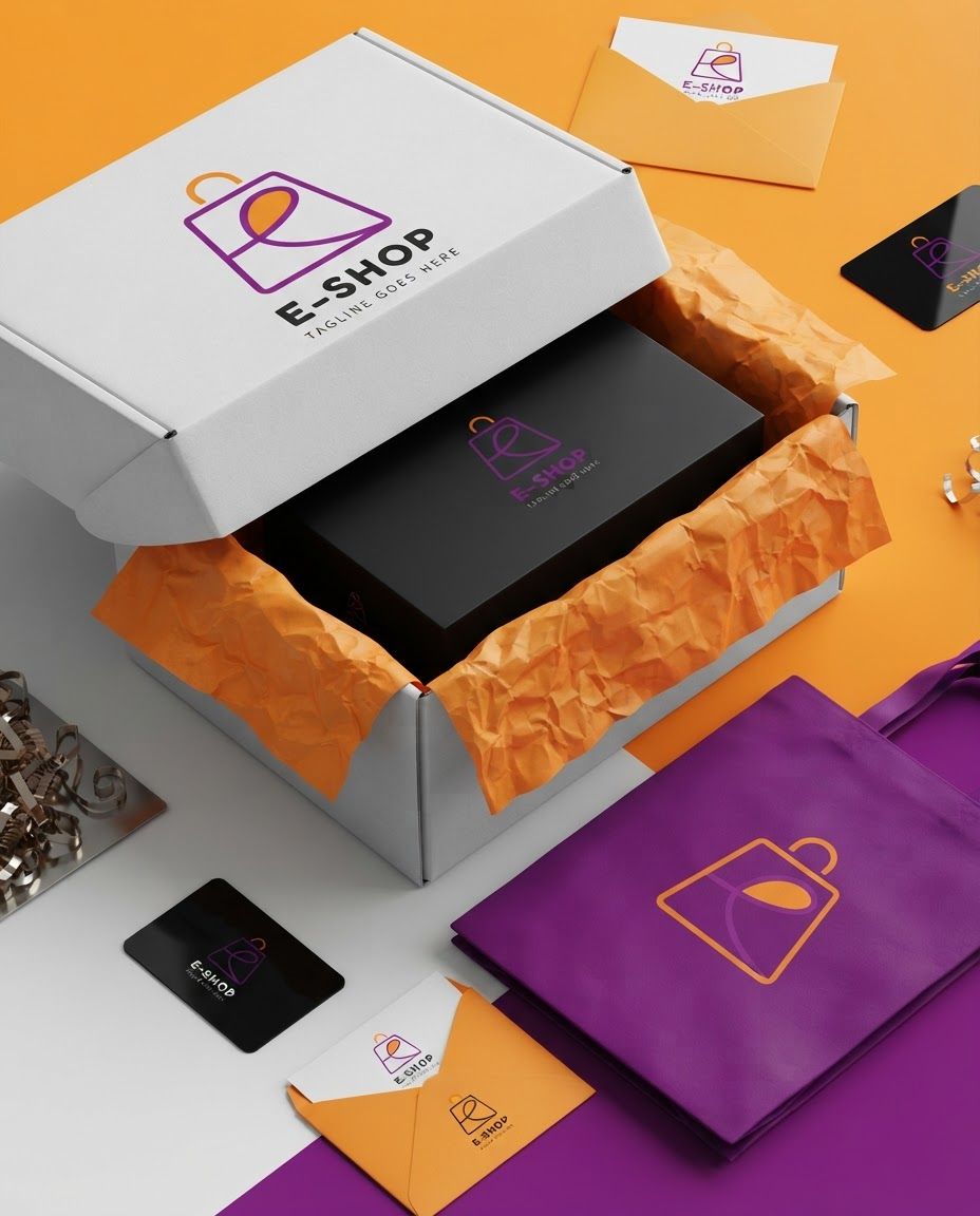 AI Design for Packaging and unboxing scene for E-SHOP. The image displays a minimalist logo design for an e-commerce brand, featuring a line-art shopping bag icon with a stylized letter 'e' inside. The color palette uses deep purple, vibrant orange, and black, set against white, orange, and purple backgrounds. Product and packaging arranged in a polished tabletop composition, realistic folds, inserts, tissue, or box details where appropriate, premium ecommerce styling, no invented readable copy.