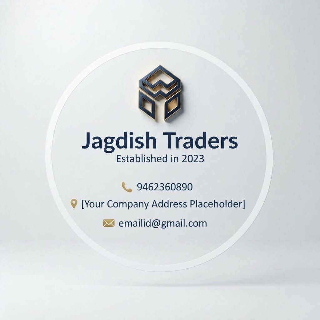 AI Design for A professional and minimalist circular business logo design featuring clean, modern typography for 'Jagdish Traders' as the prominent header. The layout includes the phone number '9462360890', a placeholder for the address, and 'emailid@gmail.com' arranged elegantly within the circular frame. Use a sophisticated color palette of navy blue and gold, with high-quality vector-style textures, soft studio lighting, and a clean white background.