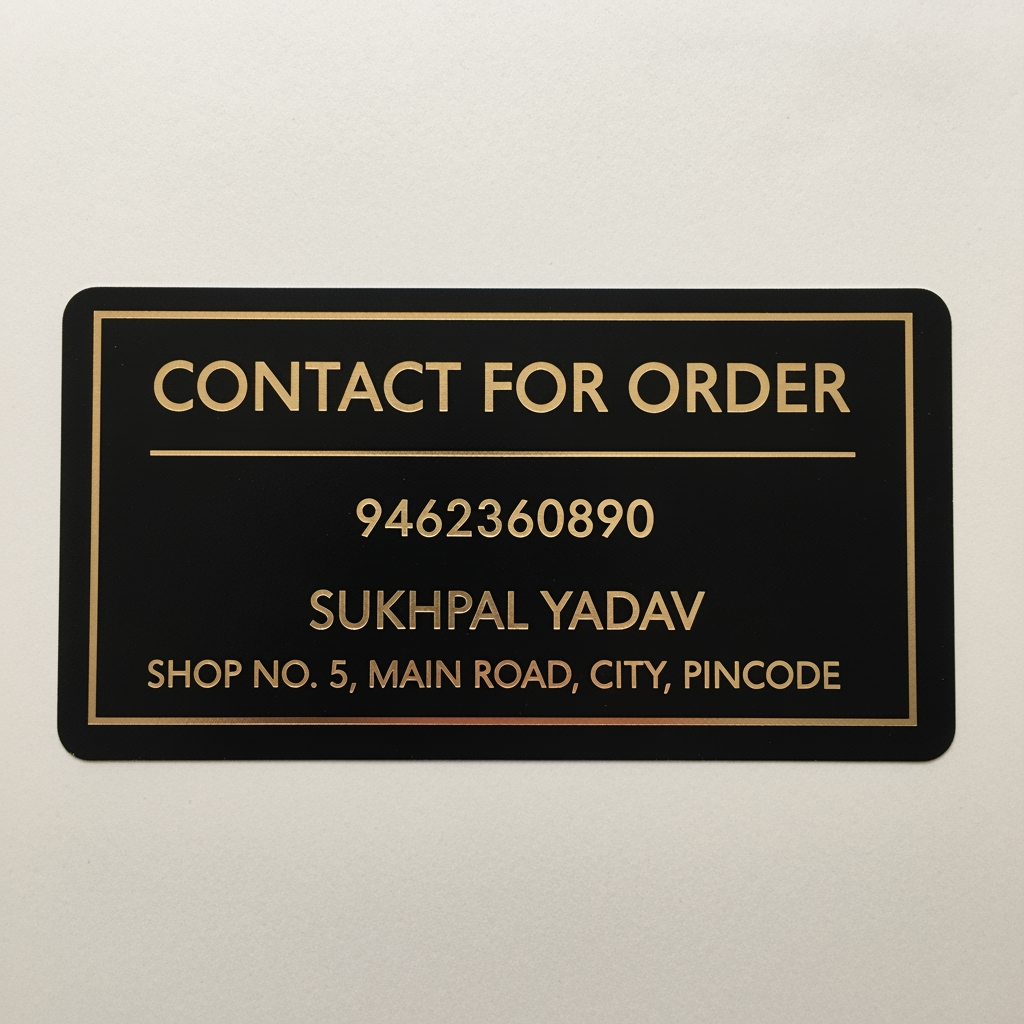 AI Design for A premium, minimalist adhesive sticker design featuring a sleek matte finish with metallic gold foil typography. The layout is clean and professional, displaying 'Contact for Order' as a bold header, followed by the phone number 9462360890, Sukhpal Yadav, and the shope address, all organized in a sophisticated, legible sans-serif font. The composition is centered on a clean background, designed to look elegant and high-end when applied to packaging or storefronts.