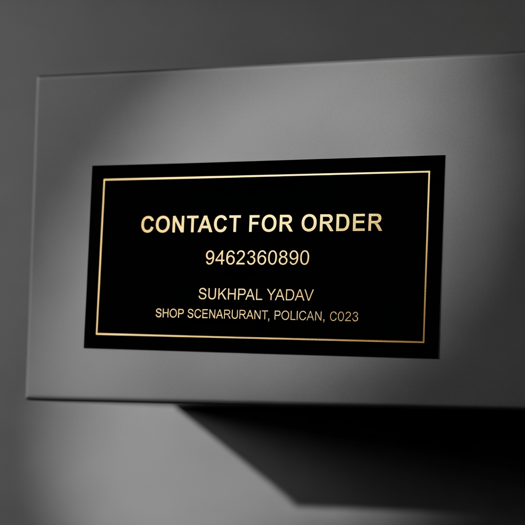 AI Design for A high-end, minimalist adhesive sticker design featuring a premium matte black finish with elegant metallic gold foil typography. The layout is perfectly centered and professional, showcasing 'Contact for Order' as a bold header, followed by the phone number 9462360890, the name Sukhpal Yadav, and the shop address in a refined, legible sans-serif typeface. The composition emphasizes clean lines and sophisticated spacing, creating a luxury aesthetic suitable for high-end product packaging or boutique storefronts.