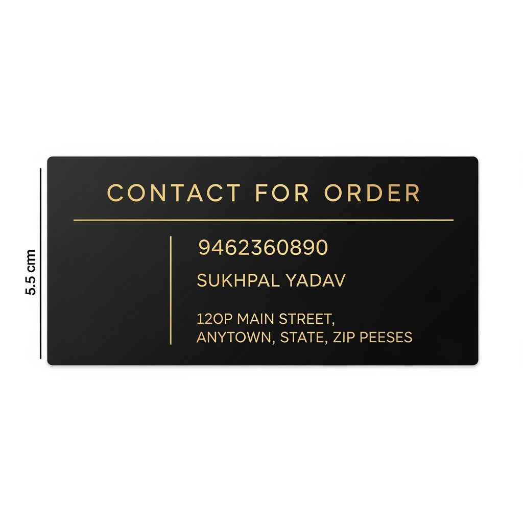 AI Design for A high-end, minimalist adhesive sticker design featuring a premium matte black finish with elegant metallic gold foil typography. The layout is perfectly centered and professional, showcasing 'Contact for Order' as a bold header, followed by the phone number 9462360890, the name Sukhpal Yadav, and the shop address in a refined, legible sans-serif typeface. The composition emphasizes clean lines and sophisticated spacing, creating a luxury aesthetic suitable for high-end product packaging or boutique storefronts.