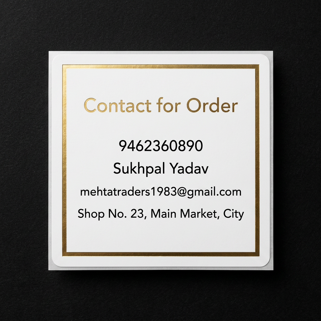 AI Design for A premium, minimalist adhesive sticker design featuring a sleek matte finish with metallic gold foil typography. The layout is clean and professional, displaying 'Contact for Order' as a bold header, followed by the phone number 9462360890, Sukhpal Yadav, and the shope address, all organized in a sophisticated, legible sans-serif font. The composition is centered on a clean background, designed to look elegant and high-end when applied to packaging or storefronts.