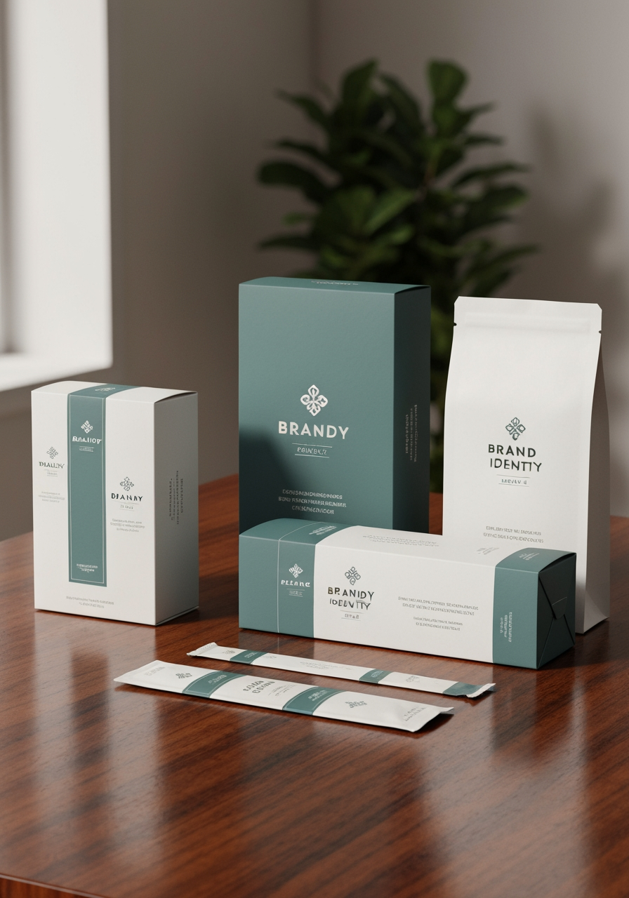 AI Design for Premium packaging mockup concept for Brand identity for my personal brand. Brand identity applied to realistic boxes, pouches, labels, wraps, or bags as appropriate, polished tabletop scene, tactile materials, no invented readable copy.