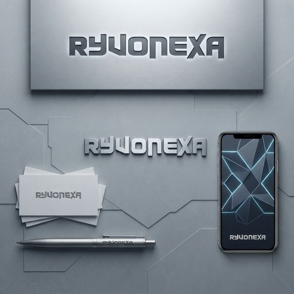 AI Design for Premium logo presentation mockup concept for Create a sleek, high-impact brand identity system for RYUONEXA that emphasizes modern geometric typography. Develop a suite of versatile social graphics and marketing assets that leverage the bold, tech-forward aesthetic of the logo.. Logo or brand mark displayed on a clean neutral surface with subtle depth, refined shadow, precise alignment, elegant design-studio presentation, no extra readable text.
Incorporate the attached brand element reference image (Reference A: brand element "RYUONEXA") into the composition where natural — preserve the depicted brand element's appearance.