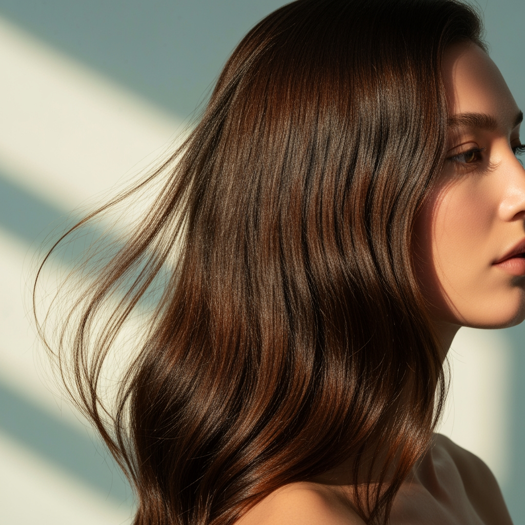 AI Design for A high-end, editorial-style photography shot for a hair care brand, featuring a model with lustrous, healthy hair catching the soft, natural sunlight. The composition is clean and minimalist, using a soft-focus pastel background to highlight the texture and shine of the hair, with professional studio lighting and a premium, clean aesthetic. show the brand product also in the images