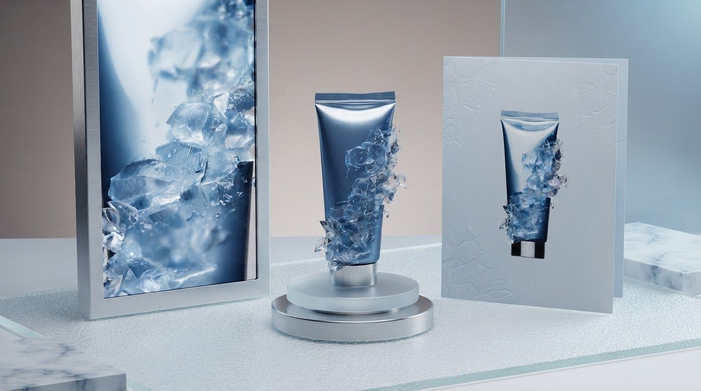 AI Design for Client presentation mockup for brand. Polished scene showing the design direction applied to a realistic surface, screen, poster, or object, premium agency presentation style, no readable placeholder text.
Incorporate the attached brand element reference image (Reference A: brand element "Frosty Blue Skincare Tube") into the composition where natural — preserve the depicted brand element's appearance.