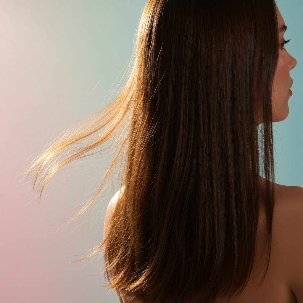 AI Design for A high-end, editorial-style photography shot for a hair care brand, featuring a model with lustrous, healthy hair catching the soft, natural sunlight. The composition is clean and minimalist, using a soft-focus pastel background to highlight the texture and shine of the hair, with professional studio lighting and a premium, clean aesthetic. show the brand product also in the images