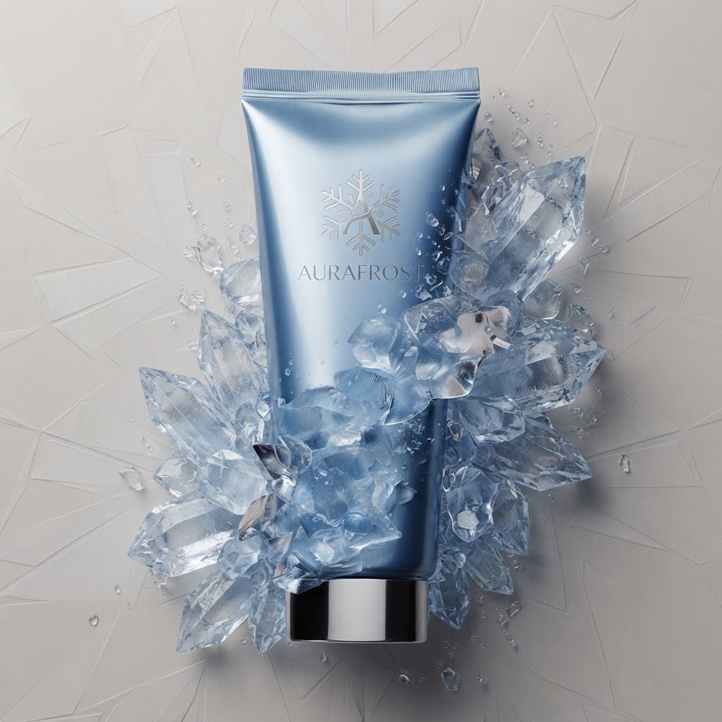 AI Design for Premium logo presentation mockup concept for Capture a premium, cooling sensation for a skincare brand by positioning a metallic blue tube amidst sharp, crystalline ice structures to emphasize instant hydration and clinical freshness.. Logo or brand mark displayed on a clean neutral surface with subtle depth, refined shadow, precise alignment, elegant design-studio presentation, no extra readable text.
Incorporate the attached brand element reference image (Reference A: brand element "Frosty Blue Skincare Tube") into the composition where natural — preserve the depicted brand element's appearance.