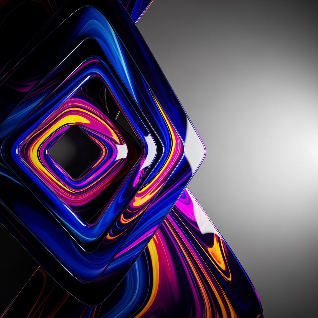 AI Design for Abstract representation of the flagship product's essence using bold, geometric shapes and swirling, energetic color patterns. High-contrast lighting with a glossy, reflective texture. The image should feel like a high-fashion editorial background, leaving a large clean area for sale information or call-to-action text.