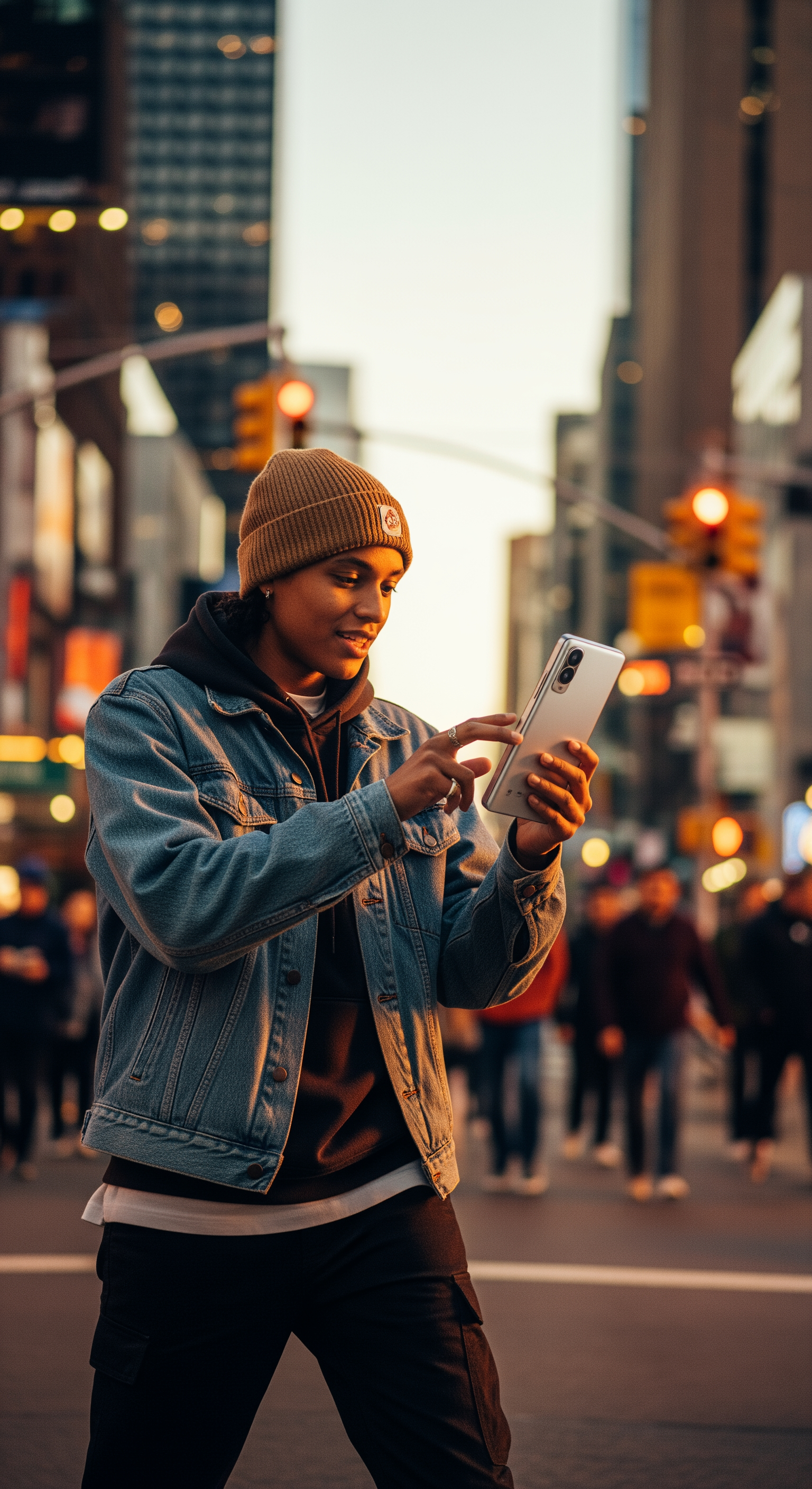 AI Design for A person in trendy, urban streetwear interacting with the flagship product in a bustling city environment during golden hour. The motion blur in the background conveys speed and energy. Warm, saturated lighting highlights the product's premium finish. The composition is balanced for a mobile-first viewing experience.