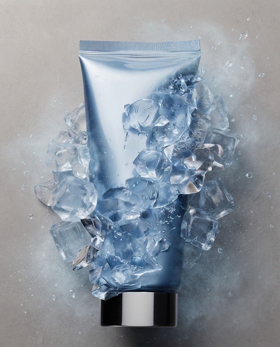 AI Design for Social campaign preview for brand. Portrait campaign visual that feels ready for client approval, clear focal image, cohesive art direction, clean space for copy to be added later, no generated text.
Incorporate the attached brand element reference image (Reference A: brand element "Frosty Blue Skincare Tube") into the composition where natural — preserve the depicted brand element's appearance.