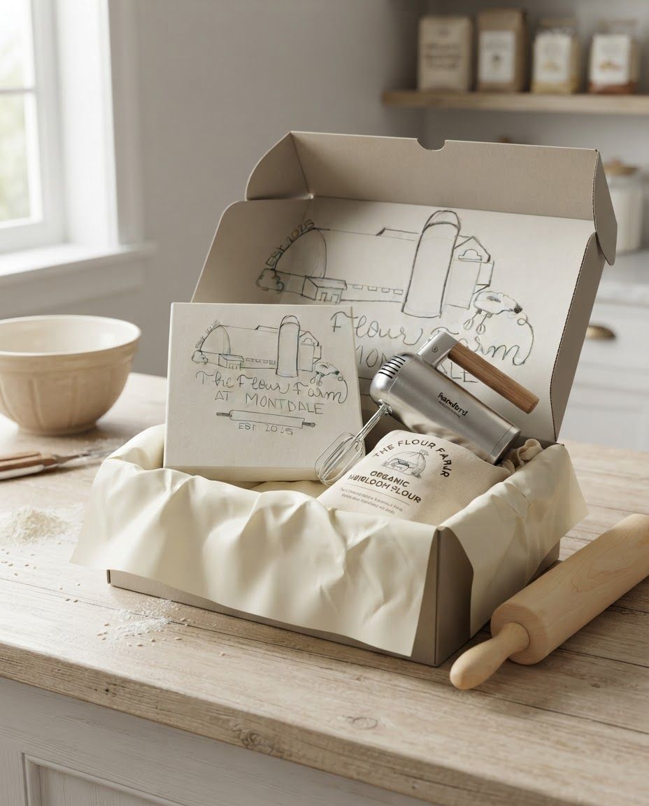 AI Design for Packaging and unboxing scene for The Flour Farm. A hand-drawn pencil sketch on white paper featuring a farmhouse with a silo, a handheld electric mixer, and a rolling pin. The text reads 'The Flour Farm AT MONTDALE' with 'EST 2025' appearing twice. Product and packaging arranged in a polished tabletop composition, realistic folds, inserts, tissue, or box details where appropriate, premium ecommerce styling, no invented readable copy.