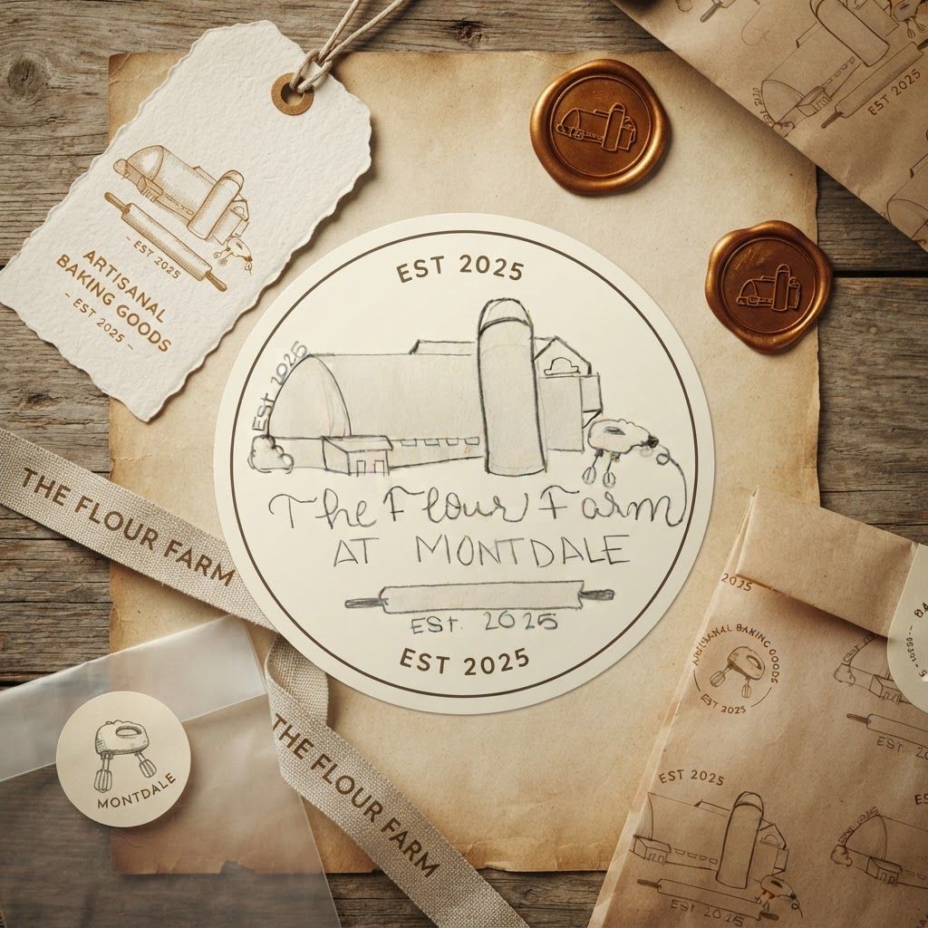 AI Design for Cohesive label system mockup concept for An authentic, vintage-style illustration for The Flour Farm at Montdale, using warm sepia tones and detailed hand-drawn sketches of a farm and kitchen equipment.. Product labels, stickers, seals, hang tags, or small packaging details arranged as a refined identity system, realistic print materials, no invented readable copy.

Feature the product (The Flour Farm) from the attached product reference image as the central subject — preserve its shape, color, logos, and details with full fidelity. A hand-drawn pencil sketch on white paper featuring a farmhouse with a silo, a handheld electric mixer, and a rolling pin. The text reads 'The Flour Farm AT MONTDALE' with 'EST 2025' appearing twice.