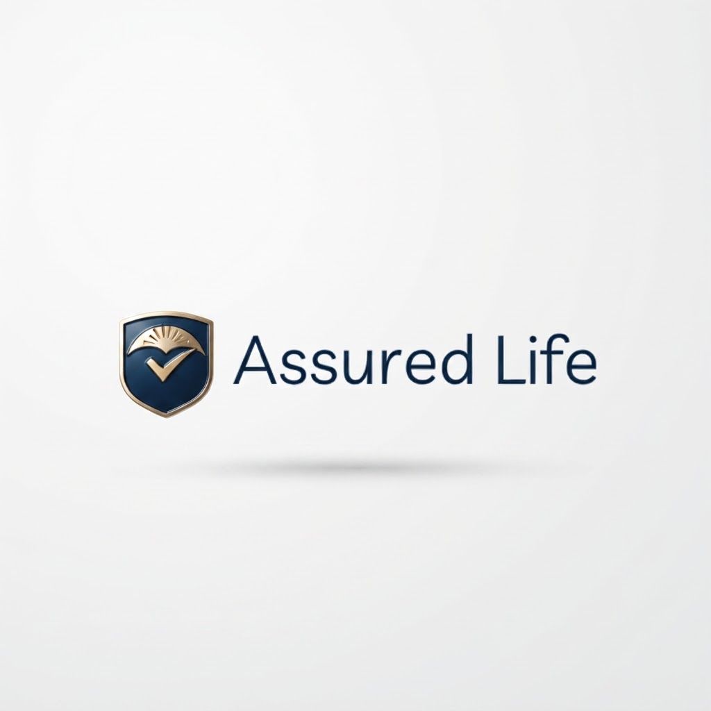AI Design for High-end studio product photograph of Assured Life Logo. The image features a logo for 'Assured Life' consisting of a shield icon with a dark blue base, a golden checkmark, and a stylized sunburst top, positioned next to the dark blue text 'Assured Life' on a plain white background. Product centered as the clear hero, clean neutral background, controlled softbox lighting, realistic contact shadow, crisp edges, accurate material texture, no readable text added.