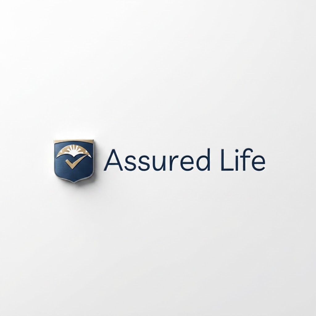AI Design for High-end studio product photograph of Assured Life Logo. The image features a logo for 'Assured Life' consisting of a shield icon with a dark blue base, a golden checkmark, and a stylized sunburst top, positioned next to the dark blue text 'Assured Life' on a plain white background. Product centered as the clear hero, clean neutral background, controlled softbox lighting, realistic contact shadow, crisp edges, accurate material texture, no readable text added.