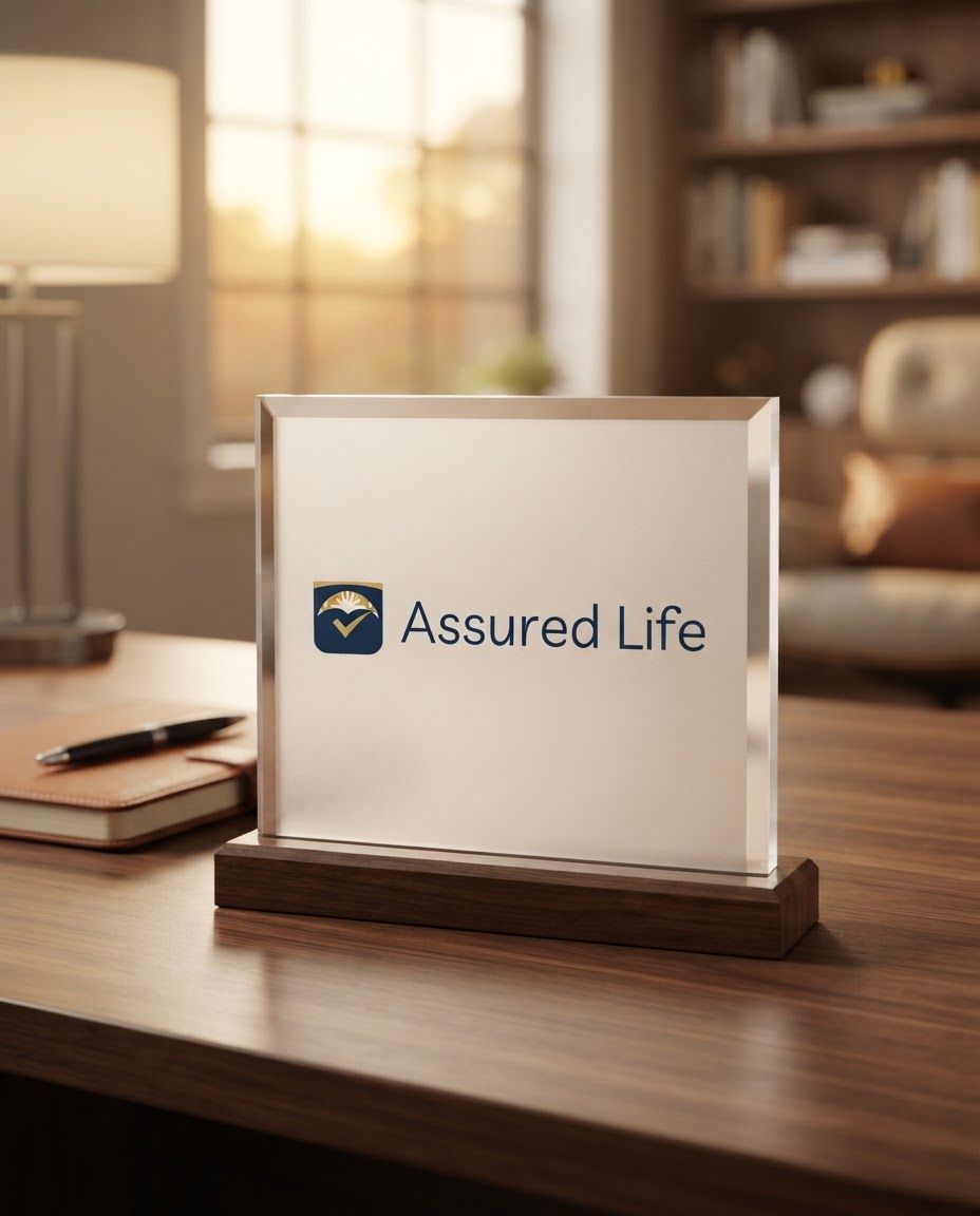 AI Design for Lifestyle product photograph of Assured Life Logo being naturally used in a believable real-world setting. The image features a logo for 'Assured Life' consisting of a shield icon with a dark blue base, a golden checkmark, and a stylized sunburst top, positioned next to the dark blue text 'Assured Life' on a plain white background. Human-scale context, warm natural light, editorial composition, shallow depth of field, product clearly visible and undistorted.