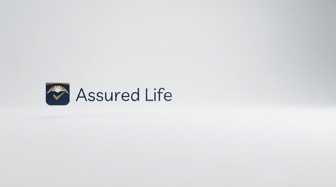 AI Design for Wide campaign hero photograph for Assured Life Logo. The image features a logo for 'Assured Life' consisting of a shield icon with a dark blue base, a golden checkmark, and a stylized sunburst top, positioned next to the dark blue text 'Assured Life' on a plain white background. Premium advertising composition with the product as focal point, cinematic lighting, clean negative space on one side for copy to be added later, no rendered words or logos beyond the reference product.