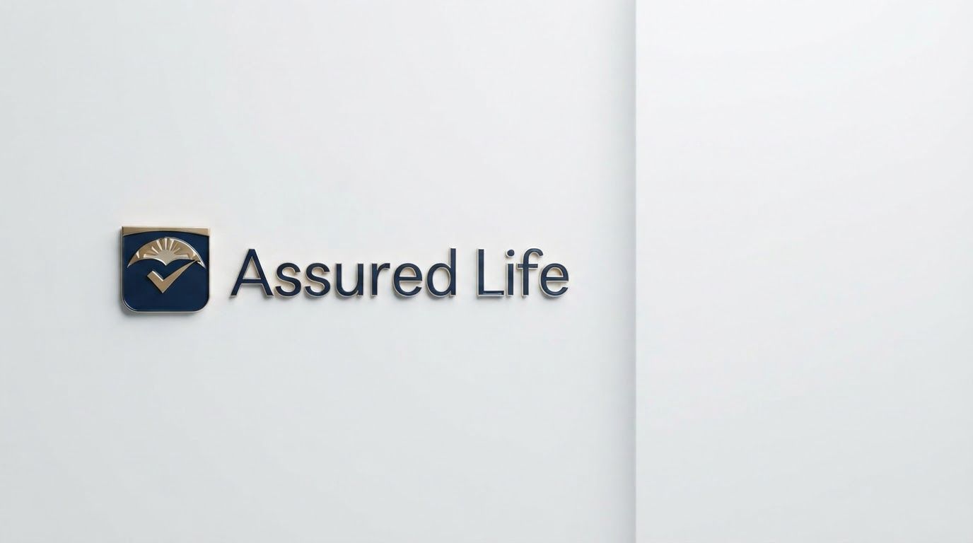AI Design for Wide campaign hero photograph for Assured Life Logo. The image features a logo for 'Assured Life' consisting of a shield icon with a dark blue base, a golden checkmark, and a stylized sunburst top, positioned next to the dark blue text 'Assured Life' on a plain white background. Premium advertising composition with the product as focal point, cinematic lighting, clean negative space on one side for copy to be added later, no rendered words or logos beyond the reference product.