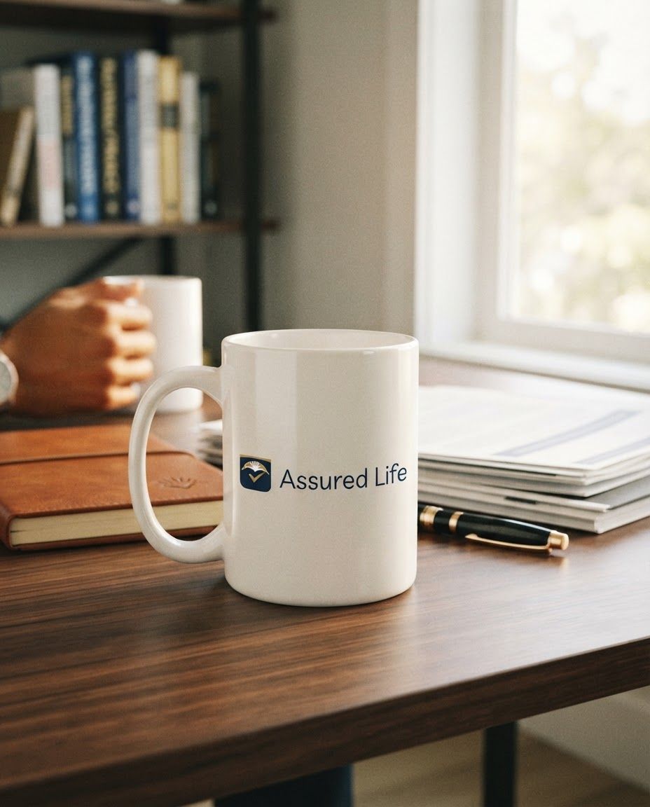 AI Design for Lifestyle product photograph of Assured Life Logo being naturally used in a believable real-world setting. The image features a logo for 'Assured Life' consisting of a shield icon with a dark blue base, a golden checkmark, and a stylized sunburst top, positioned next to the dark blue text 'Assured Life' on a plain white background. Human-scale context, warm natural light, editorial composition, shallow depth of field, product clearly visible and undistorted.