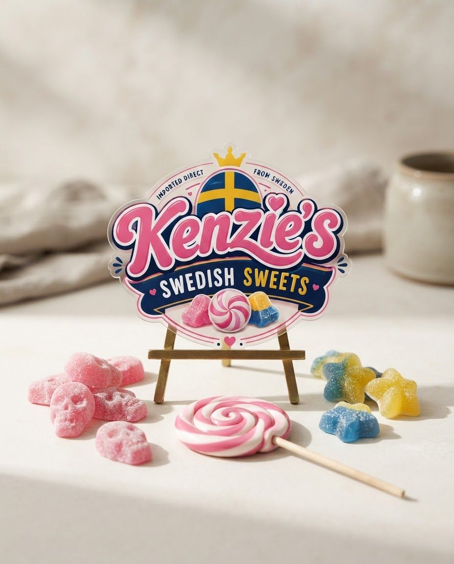 AI Design for Social campaign preview for  brand. Portrait campaign visual that feels ready for client approval, clear focal image, cohesive art direction, clean space for copy to be added later, no generated text.

Incorporate the attached brand element reference image (Reference A: brand element "Kenzie's Swedish Sweets") into the composition where natural — preserve the depicted brand element's appearance.