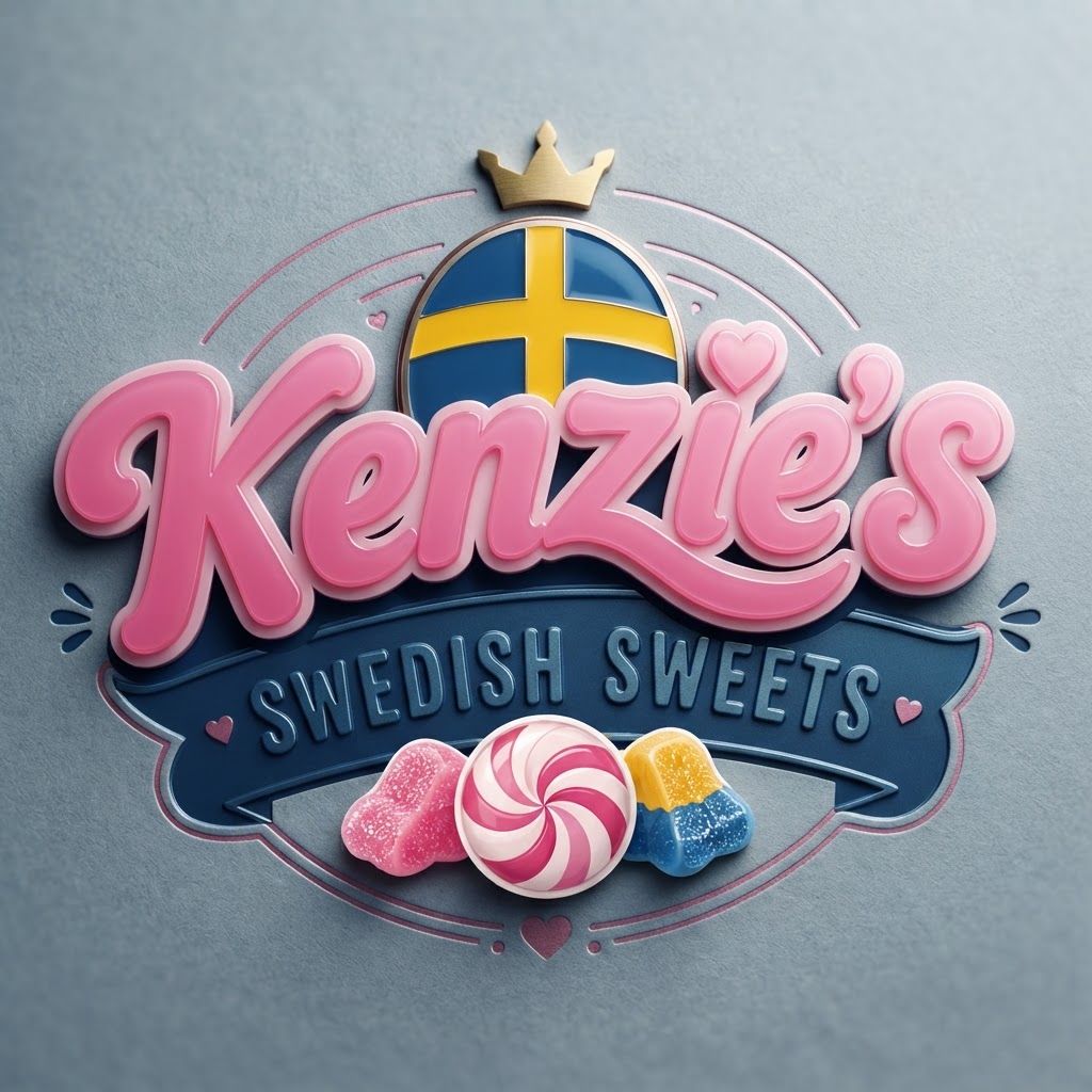 AI Design for Premium logo presentation mockup concept for Create a vibrant, playful brand identity for Kenzie's Swedish Sweets that emphasizes imported quality and fun using a bold pink, blue, and yellow color palette.. Logo or brand mark displayed on a clean neutral surface with subtle depth, refined shadow, precise alignment, elegant design-studio presentation, no extra readable text.

Incorporate the attached brand element reference image (Reference A: brand element "Kenzie's Swedish Sweets") into the composition where natural — preserve the depicted brand element's appearance.