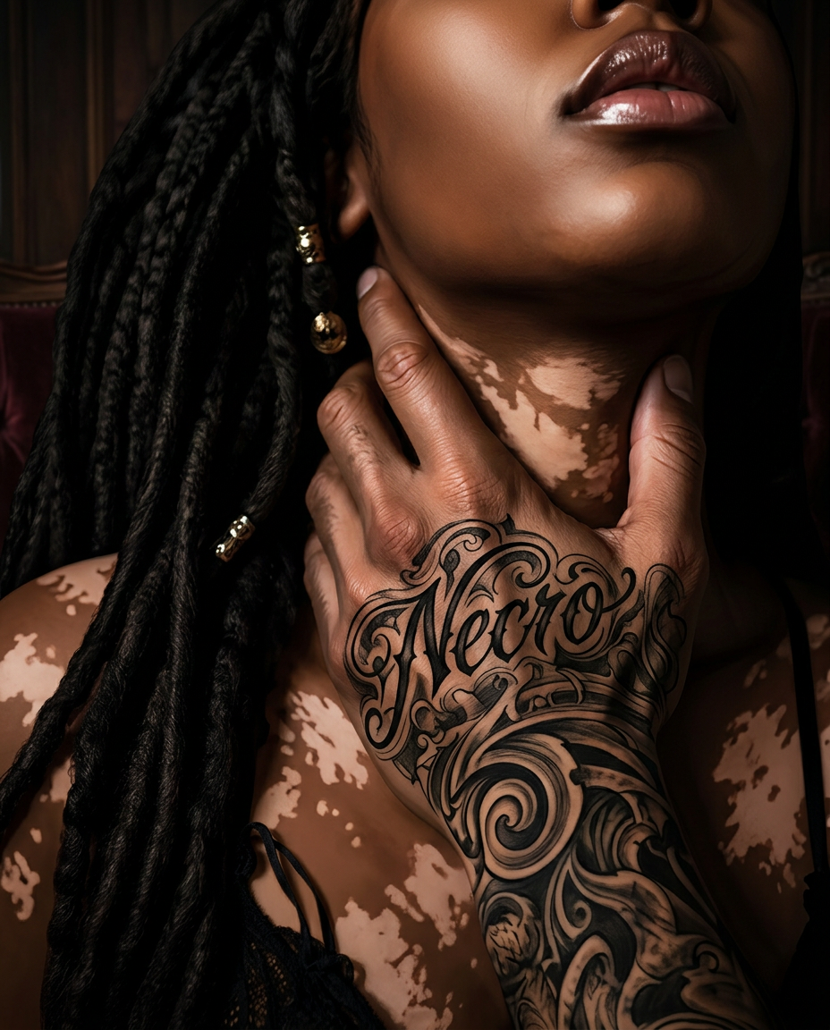 AI Design for redraw the first image in the exact same composition shown but in dark mafia romance book cover artstyle and make sure the details of the woman in the image follows the instructions mentioned previously, ensure accuracy of her vitiligo marks (follow second image for reference, all black locks) and the tattoo details mentioned for his hand. (His hand features a highly visible gothic tattoo reading “Necro” across the knuckles/back of the hand, detailed black ink lettering integrated with his tattoo style. ), no text , no title only artwork