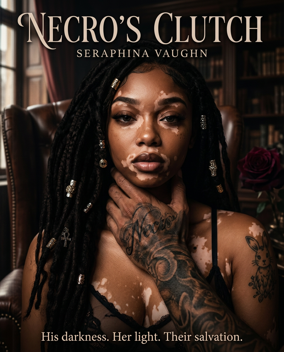 AI Design for redraw the image in dark mafia romance book cover artstyle and make sure the details of the woman in the image follows the instructions mentioned previously, ensure accuracy of her vitiligo marks (follow second image for reference, all black locks) and the tattoo details mentioned for his hand. (His hand features a highly visible gothic tattoo reading “Necro” across the knuckles/back of the hand, detailed black ink lettering integrated with his tattoo style. )