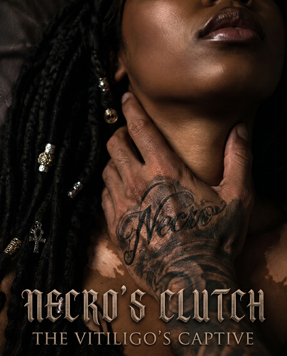 AI Design for redraw the first image in the exact same composition shown but in dark mafia romance book cover artstyle and make sure the details of the woman in the image follows the instructions mentioned previously, ensure accuracy of her vitiligo marks (follow second image for reference, all black locks) and the tattoo details mentioned for his hand. (His hand features a highly visible gothic tattoo reading “Necro” across the knuckles/back of the hand, detailed black ink lettering integrated with his tattoo style. )