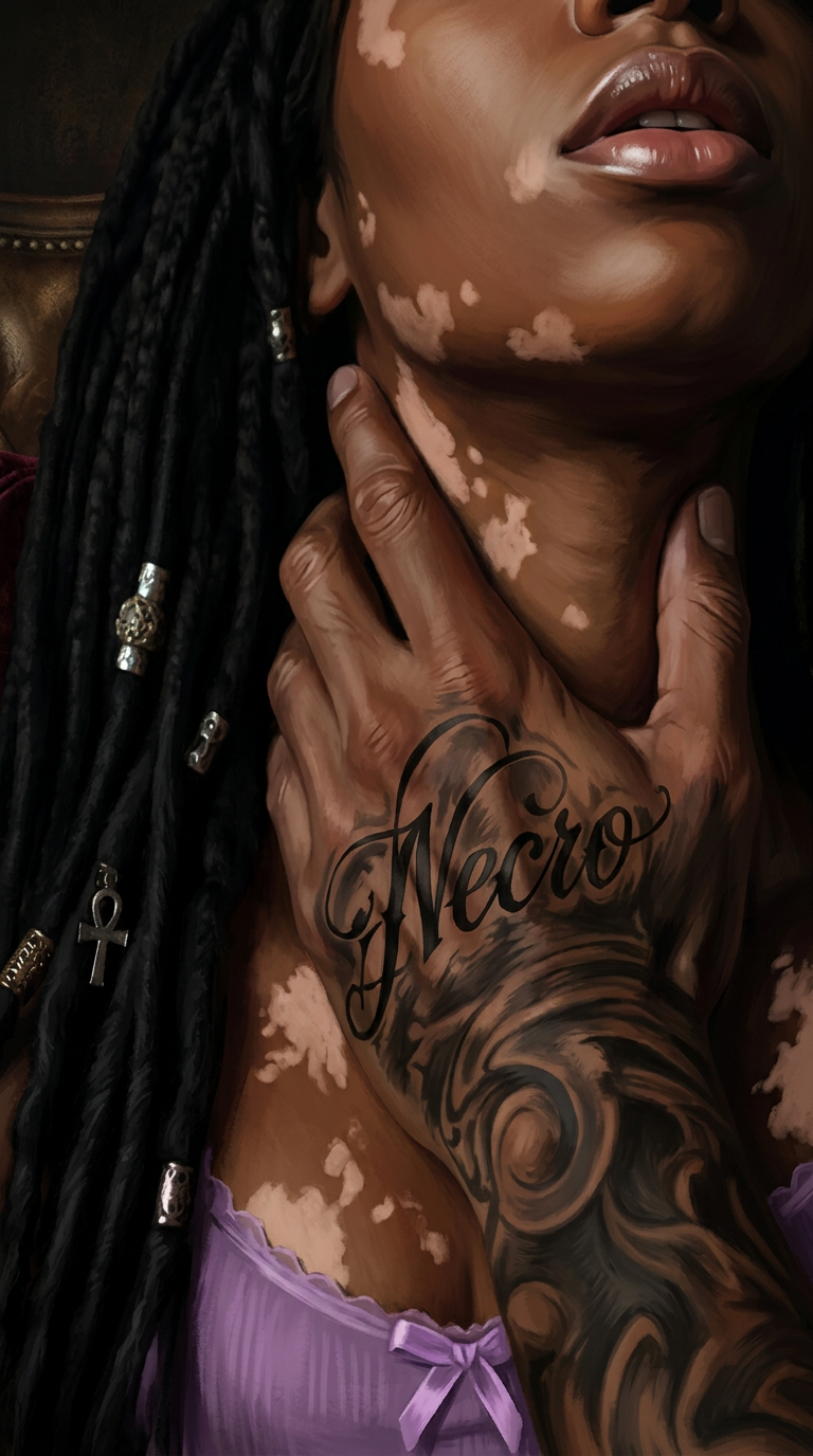 AI Design for redraw the first image in the exact same composition shown but in dark mafia romance book cover artstyle and make sure the details of the woman in the image follows the instructions mentioned previously, ensure accuracy of her vitiligo marks (follow second image for reference, all black locks) and the tattoo details mentioned for his hand. (His hand features a highly visible gothic tattoo reading “Necro” across the knuckles/back of the hand, detailed black ink lettering integrated with his tattoo style. ), no text , no title only artwork
