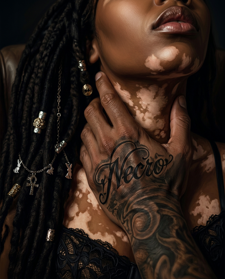 AI Design for redraw the first image in the exact same composition shown but in dark mafia romance book cover artstyle and make sure the details of the woman in the image follows the instructions mentioned previously, ensure accuracy of her vitiligo marks (follow second image for reference, all black locks) and the tattoo details mentioned for his hand. (His hand features a highly visible gothic tattoo reading “Necro” across the knuckles/back of the hand, detailed black ink lettering integrated with his tattoo style. ), no text , no title only artwork
