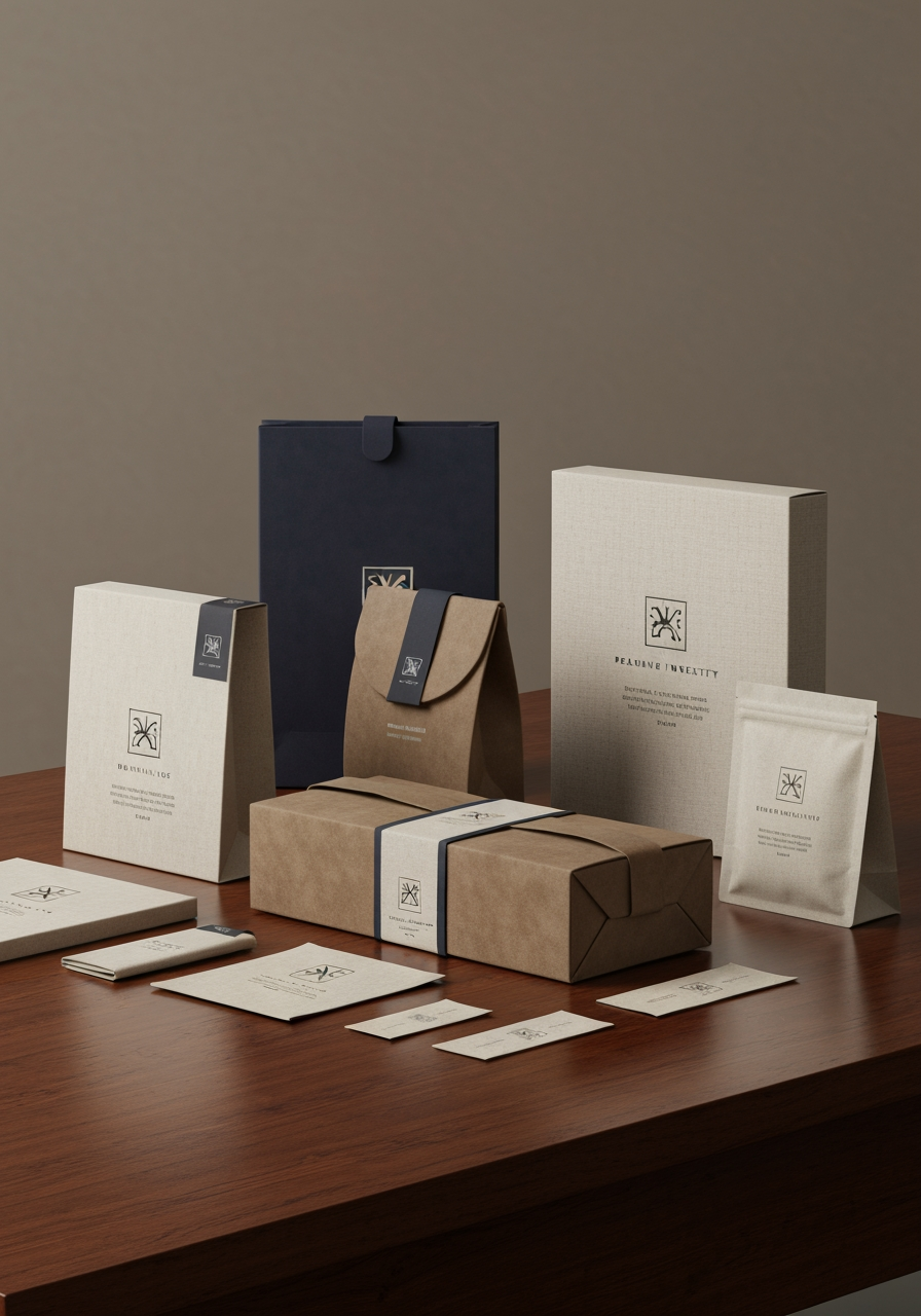 AI Design for Premium packaging mockup concept for Brand identity for my personal brand. Brand identity applied to realistic boxes, pouches, labels, wraps, or bags as appropriate, polished tabletop scene, tactile materials, no invented readable copy.