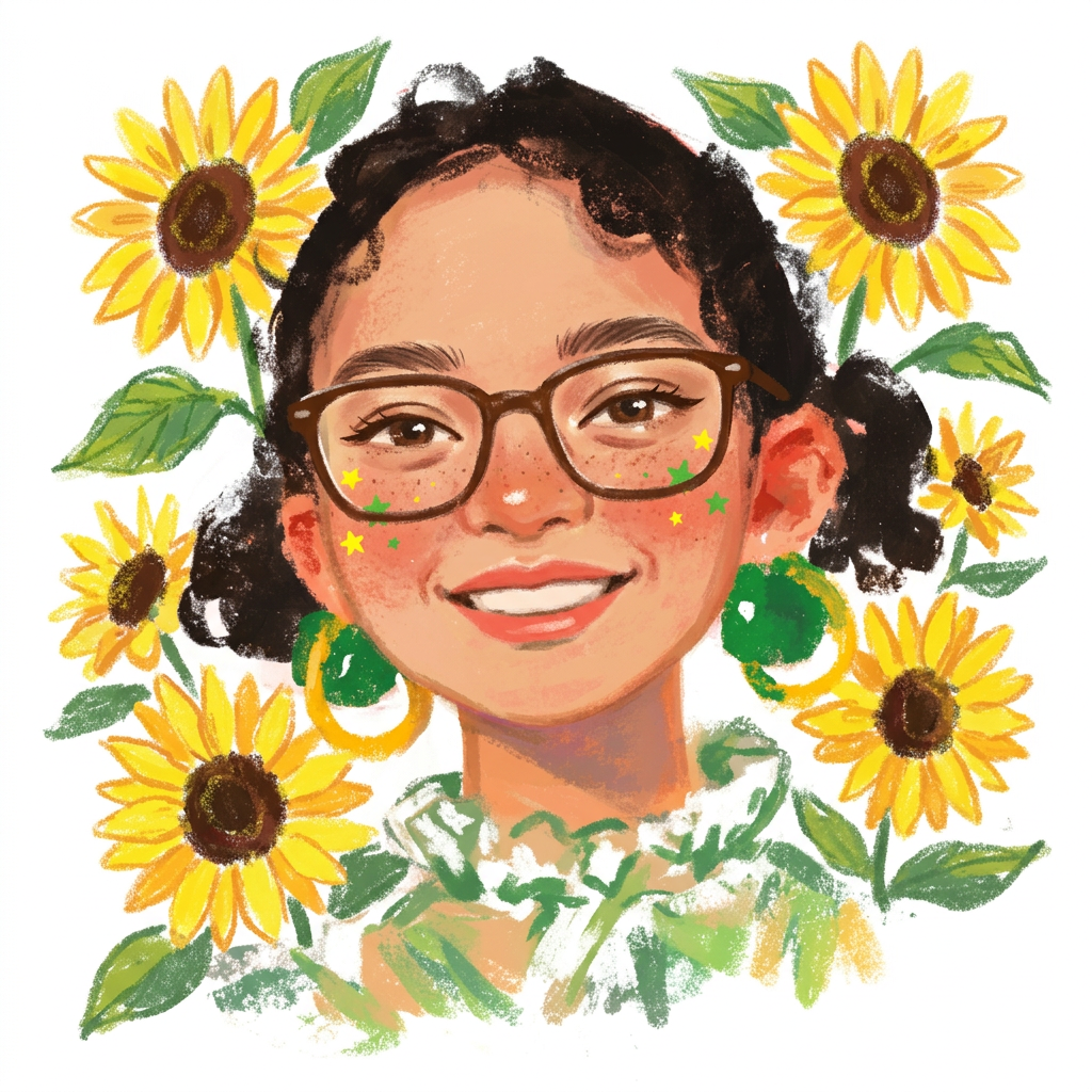 AI Design for redraw the woman shown in the first two images in the exact same art style as second image and make sure the face of the woman is recognizable, the illustratrion will be on solid white background. add a few sunflowers around her. no blue lipstick or eyeshadow. neutral pretty makeup