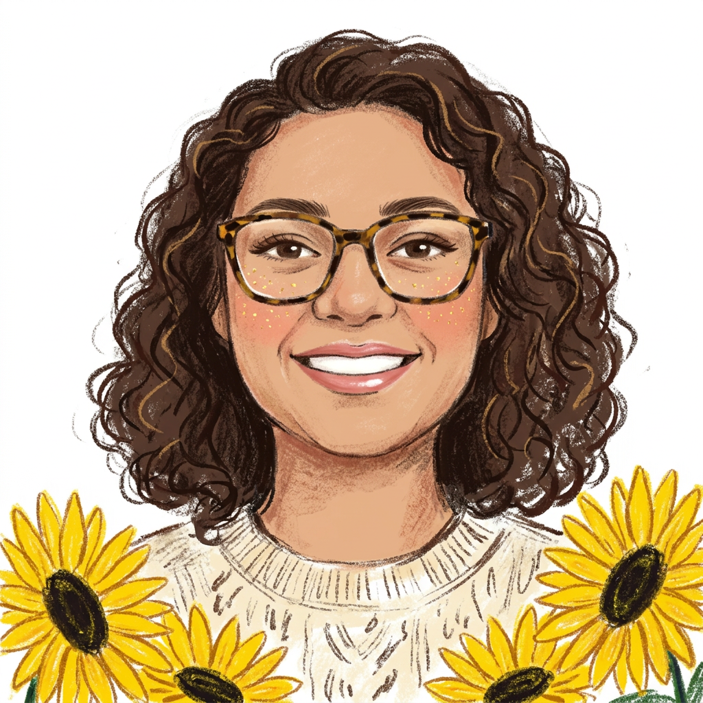 AI Design for redraw the woman shown in the first two images in the exact same art style as second image and make sure the face of the woman is recognizable, the illustratrion will be on solid white background. add a few sunflowers on each side of the bottom. no blue lipstick or eyeshadow. neutral pretty makeup