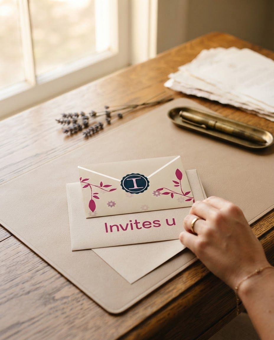 AI Design for Lifestyle product photograph of Invites U Stationery being naturally used in a believable real-world setting. The image features a flat graphic illustration of a beige envelope sealed with a dark blue wax seal containing the letter I, decorated with stylized deep pink floral vines. Below the envelope, the text 'Invites u' is written in a matching deep pink color. Human-scale context, warm natural light, editorial composition, shallow depth of field, product clearly visible and undistorted.