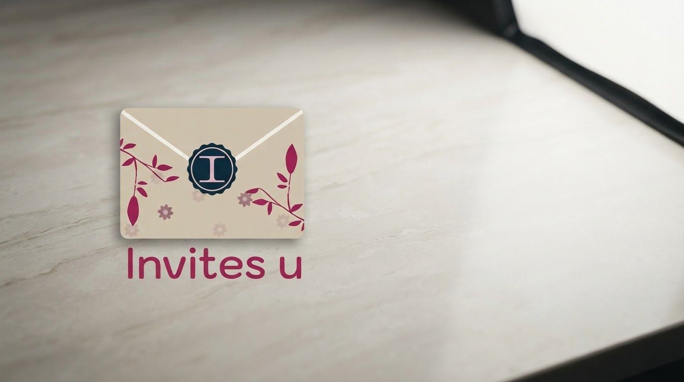 AI Design for Wide campaign hero photograph for Invites U Stationery. The image features a flat graphic illustration of a beige envelope sealed with a dark blue wax seal containing the letter I, decorated with stylized deep pink floral vines. Below the envelope, the text 'Invites u' is written in a matching deep pink color. Premium advertising composition with the product as focal point, cinematic lighting, clean negative space on one side for copy to be added later, no rendered words or logos beyond the reference product.