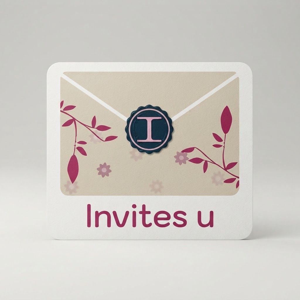 AI Design for High-end studio product photograph of Invites U Stationery. The image features a flat graphic illustration of a beige envelope sealed with a dark blue wax seal containing the letter I, decorated with stylized deep pink floral vines. Below the envelope, the text 'Invites u' is written in a matching deep pink color. Product centered as the clear hero, clean neutral background, controlled softbox lighting, realistic contact shadow, crisp edges, accurate material texture, no readable text added.